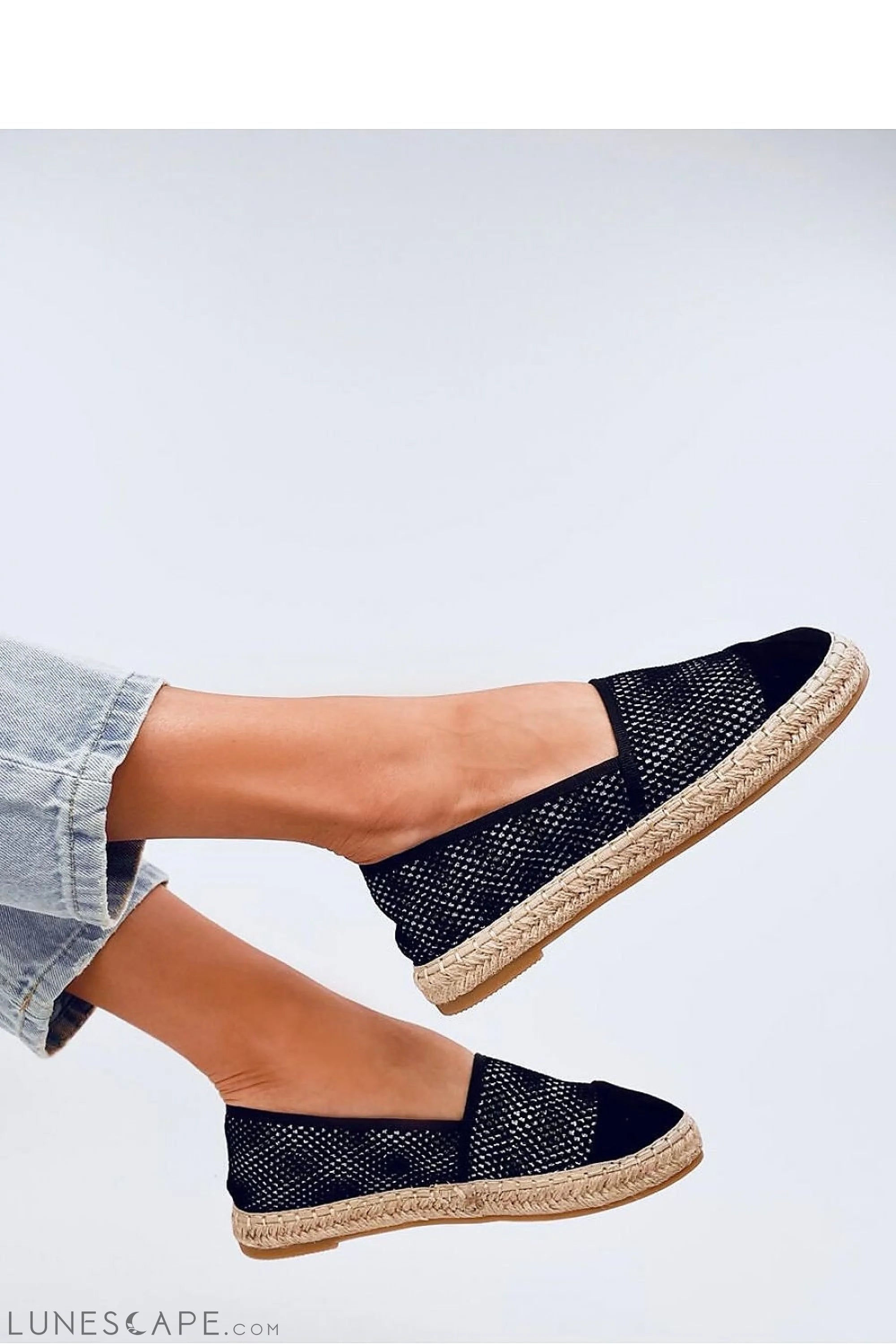 Black Metallic Mesh Espadrilles with Eco-Suede Toe and Braided Jute Sole LUNESCAPE