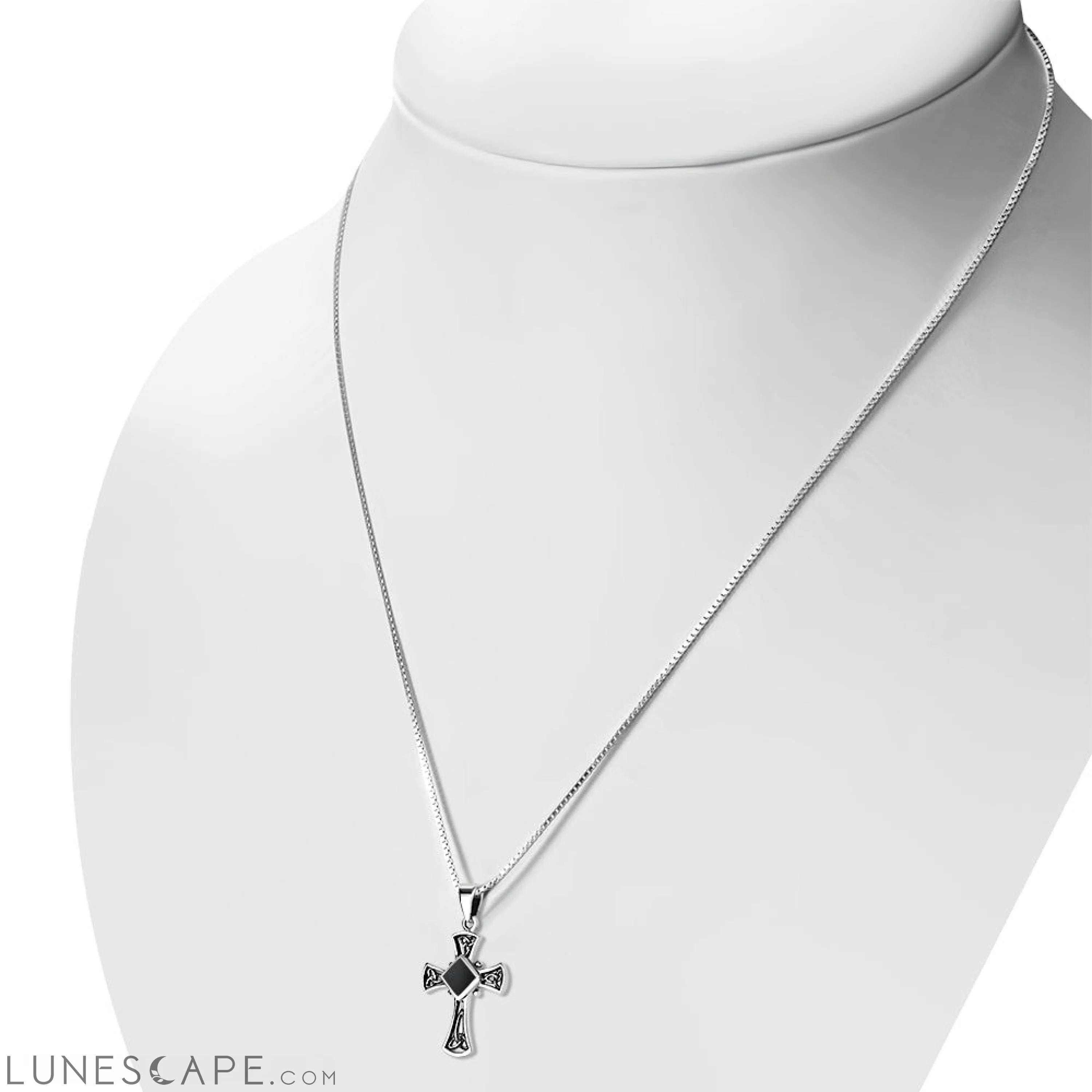 Black Onyx Celtic Irish Trinity Knot Cross Silver Pendant LUNESCAPE