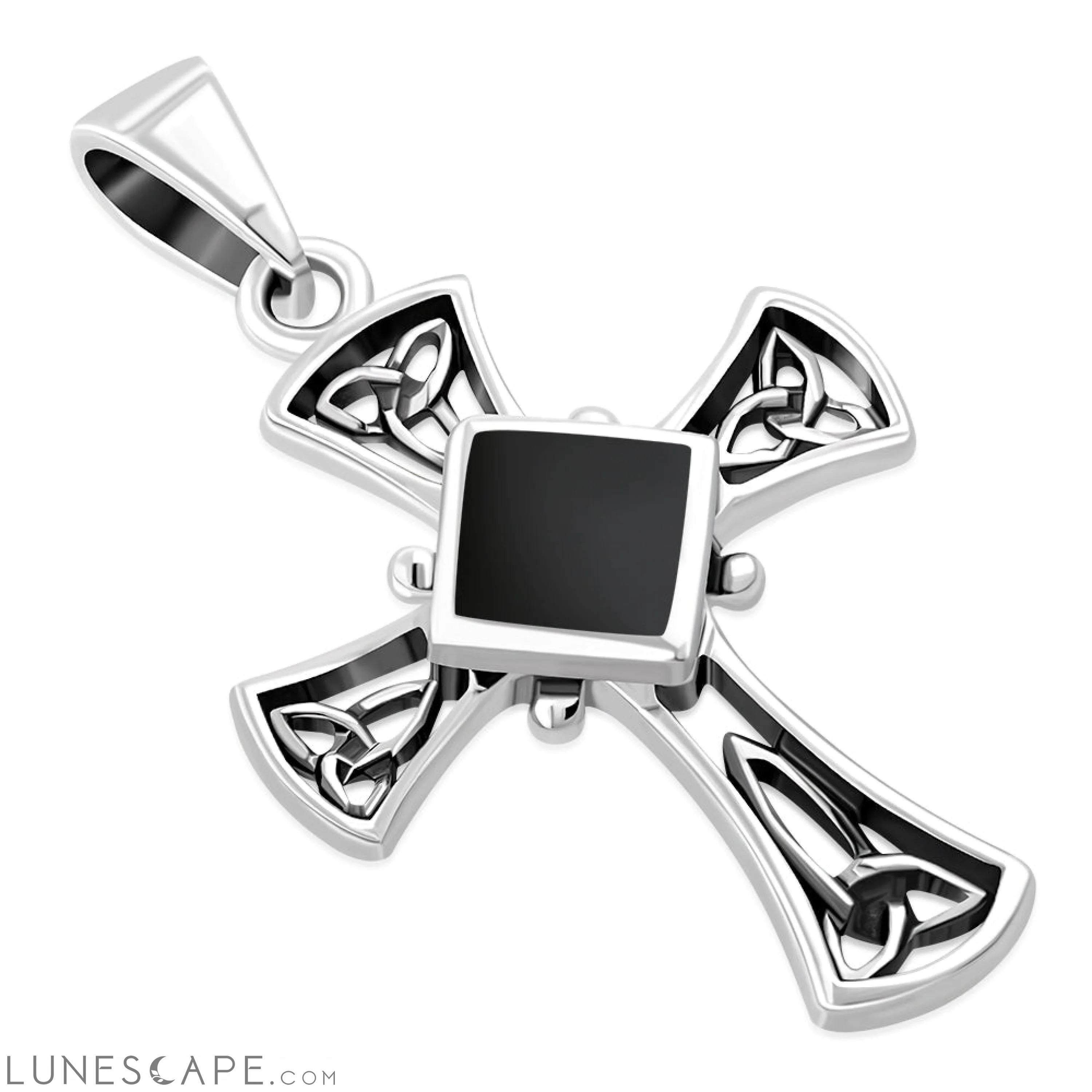 Black Onyx Celtic Irish Trinity Knot Cross Silver Pendant LUNESCAPE