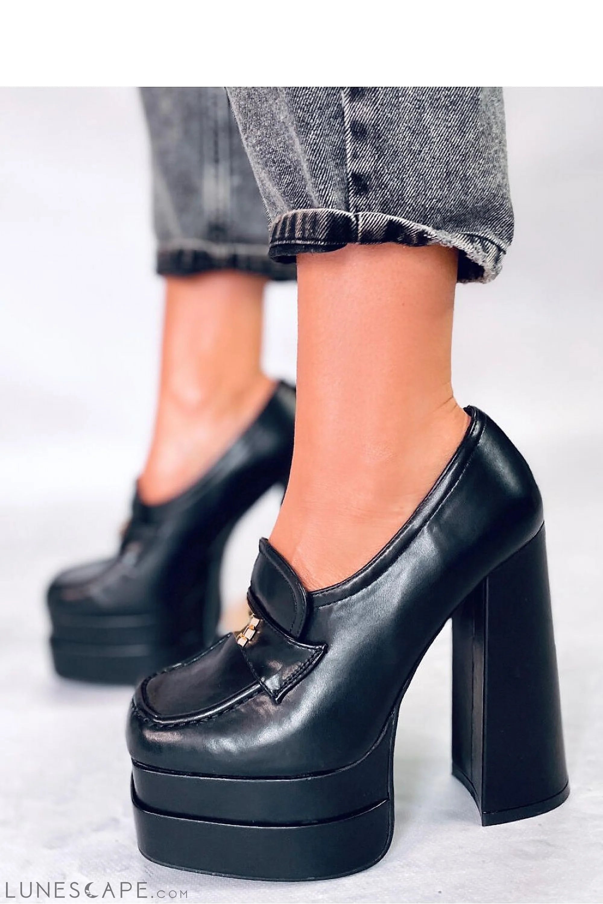 Black Platform Loafers Chunky Square Toe with 5.7" Block Heel for Women LUNESCAPE