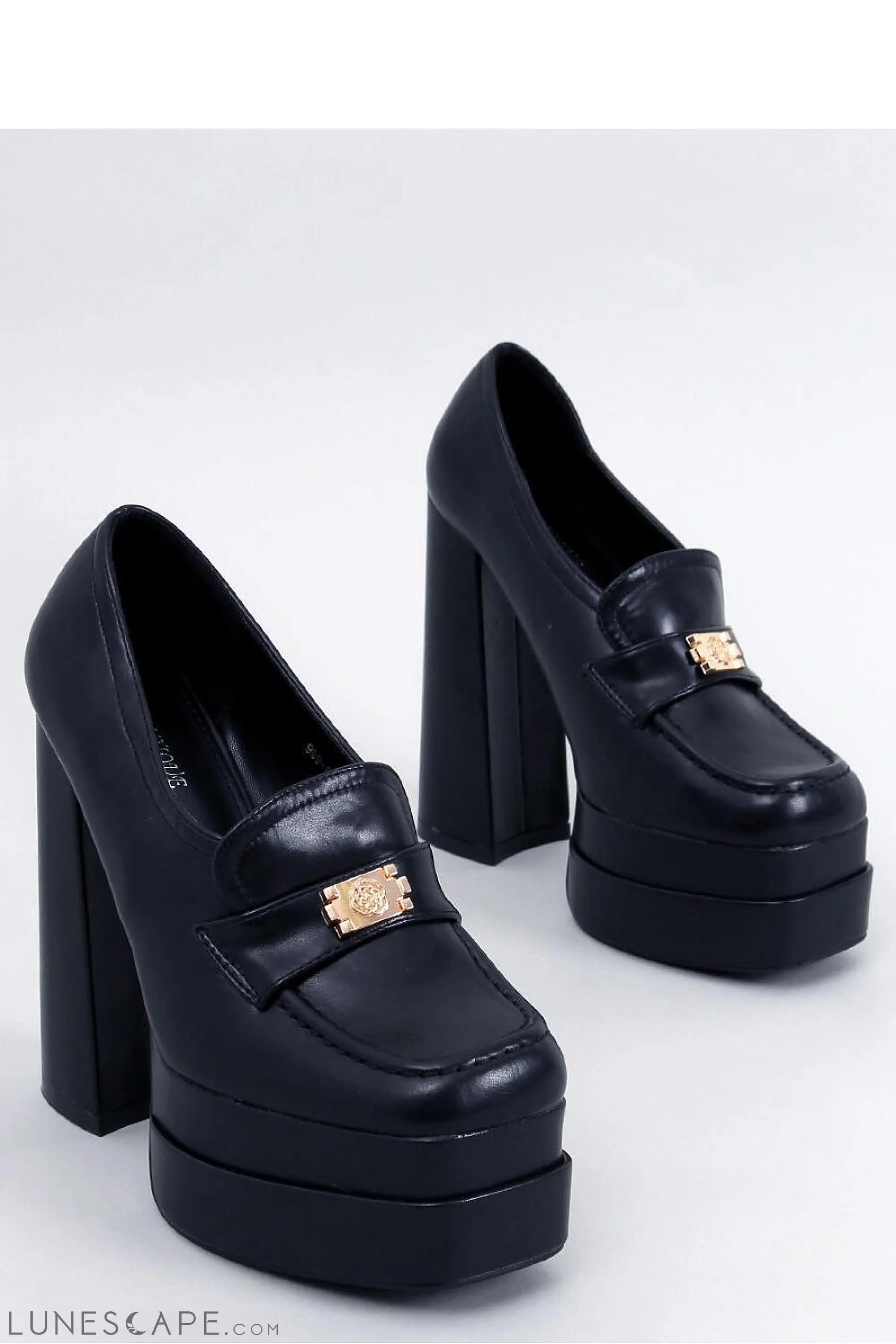 Black Platform Loafers Chunky Square Toe with 5.7" Block Heel for Women LUNESCAPE