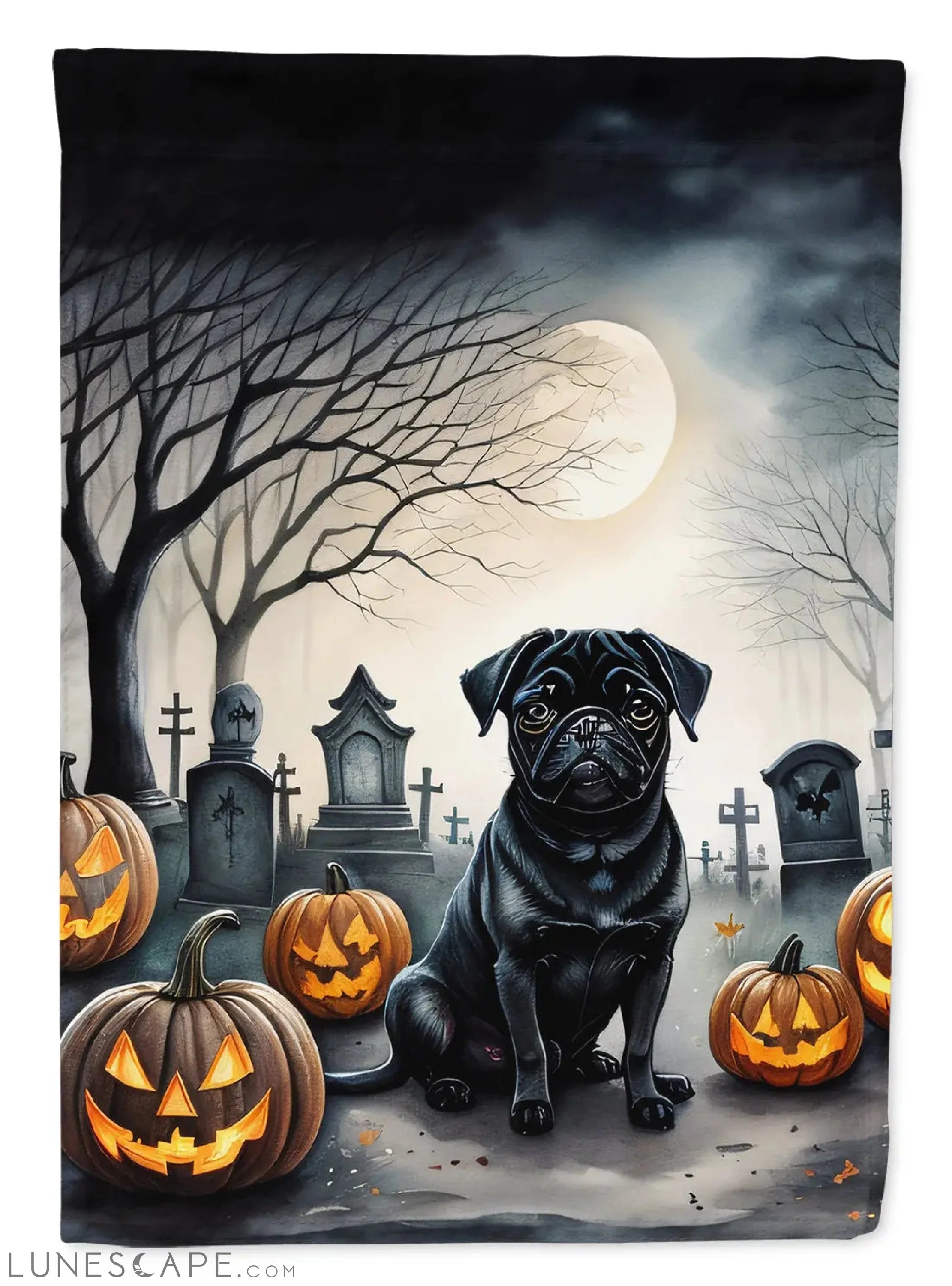 Black Pug Spooky Halloween Garden Flag LUNESCAPE