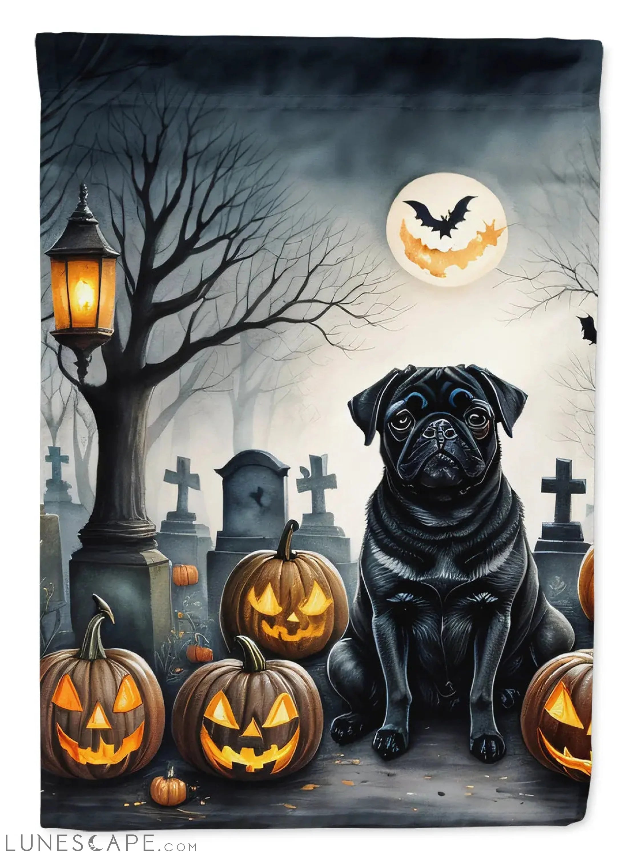 Black Pug Spooky Halloween Garden Flag LUNESCAPE
