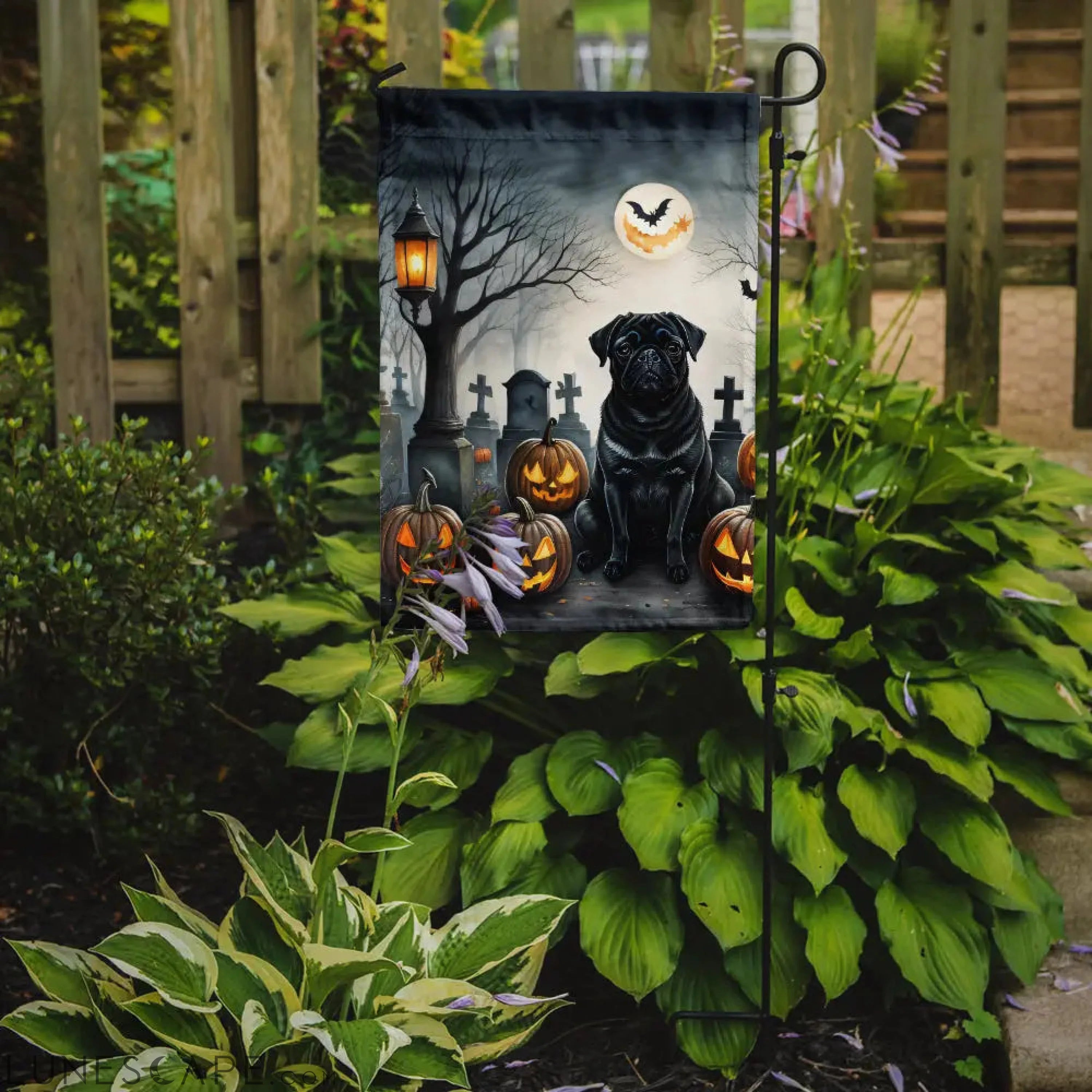 Black Pug Spooky Halloween Garden Flag LUNESCAPE