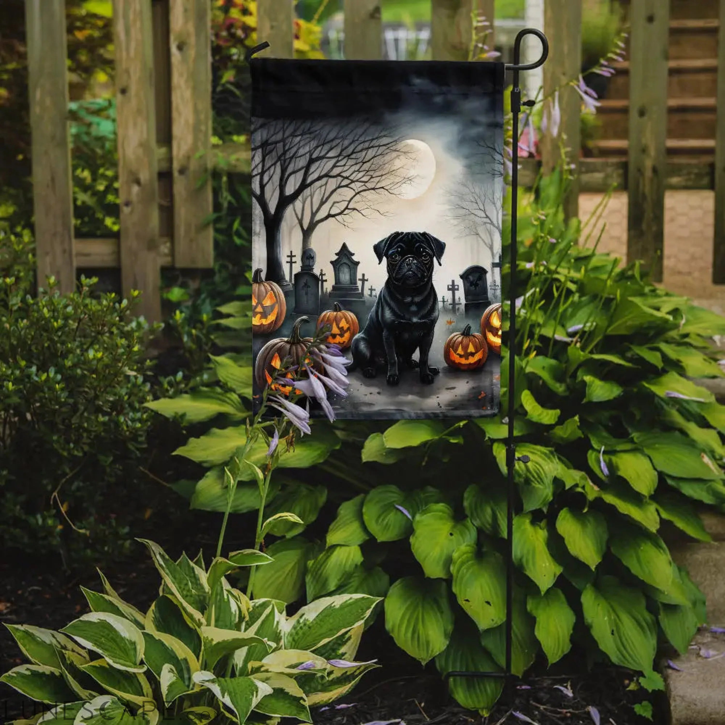 Black Pug Spooky Halloween Garden Flag LUNESCAPE