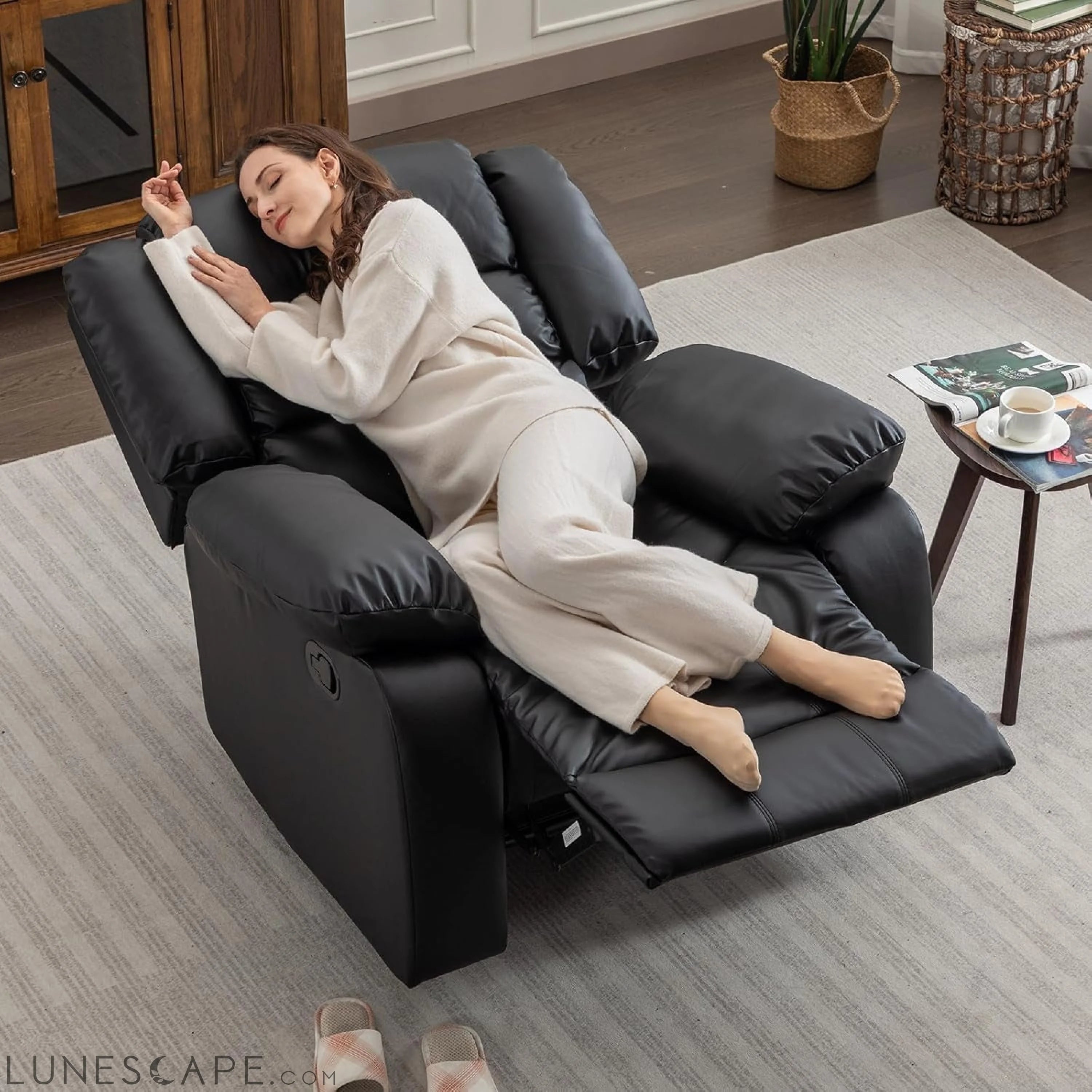 Black Recliner Chair Set of 2, with Overstuffed Arm and Back, LUNESCAPE