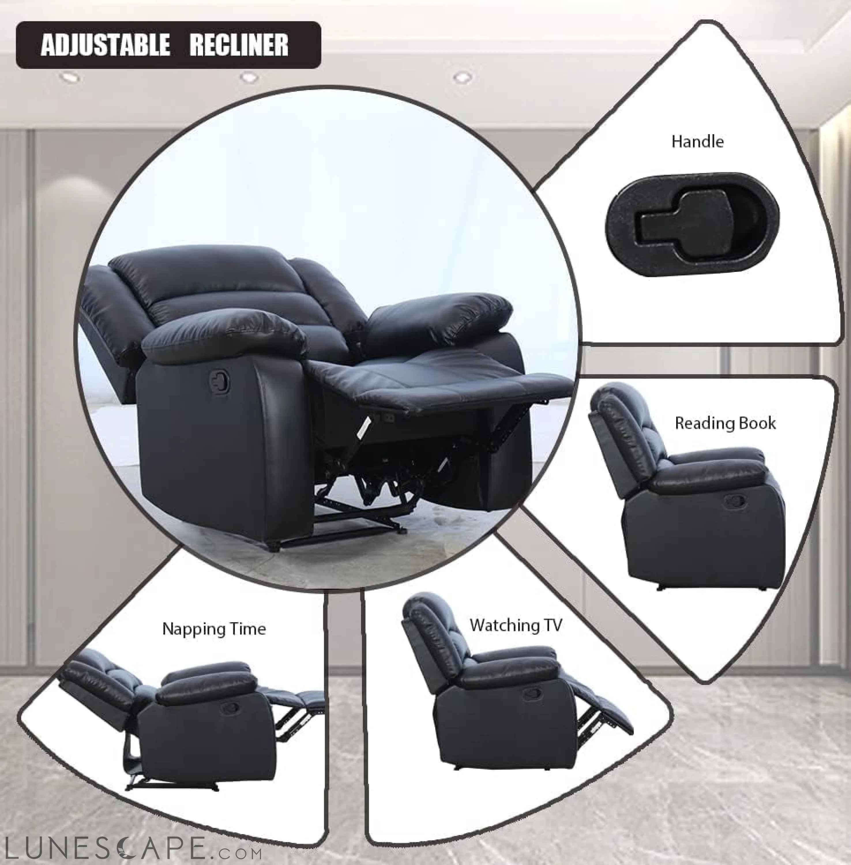 Black Recliner Chair Set of 2, with Overstuffed Arm and Back, LUNESCAPE