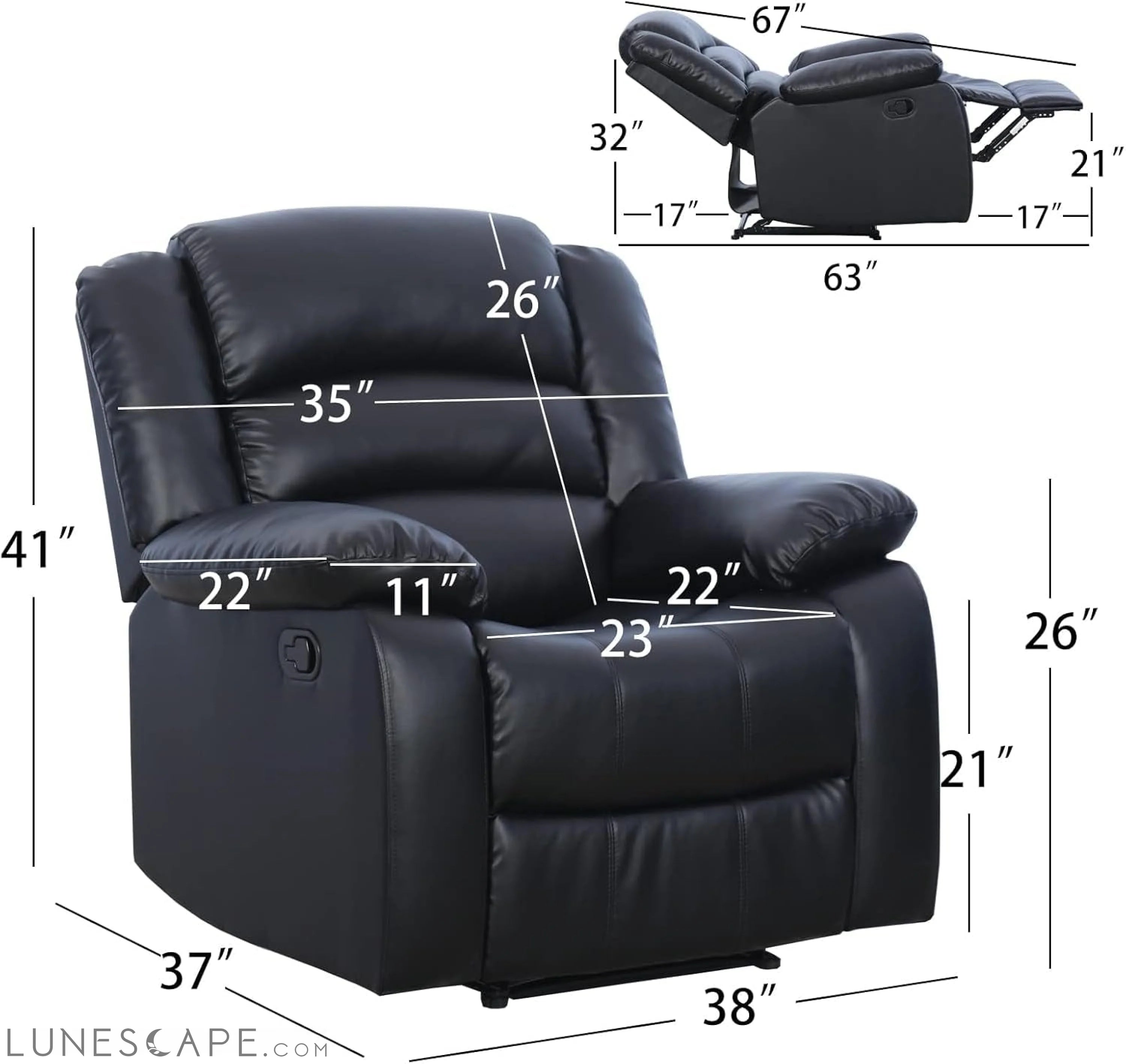 Black Recliner Chair Set of 2, with Overstuffed Arm and Back, LUNESCAPE