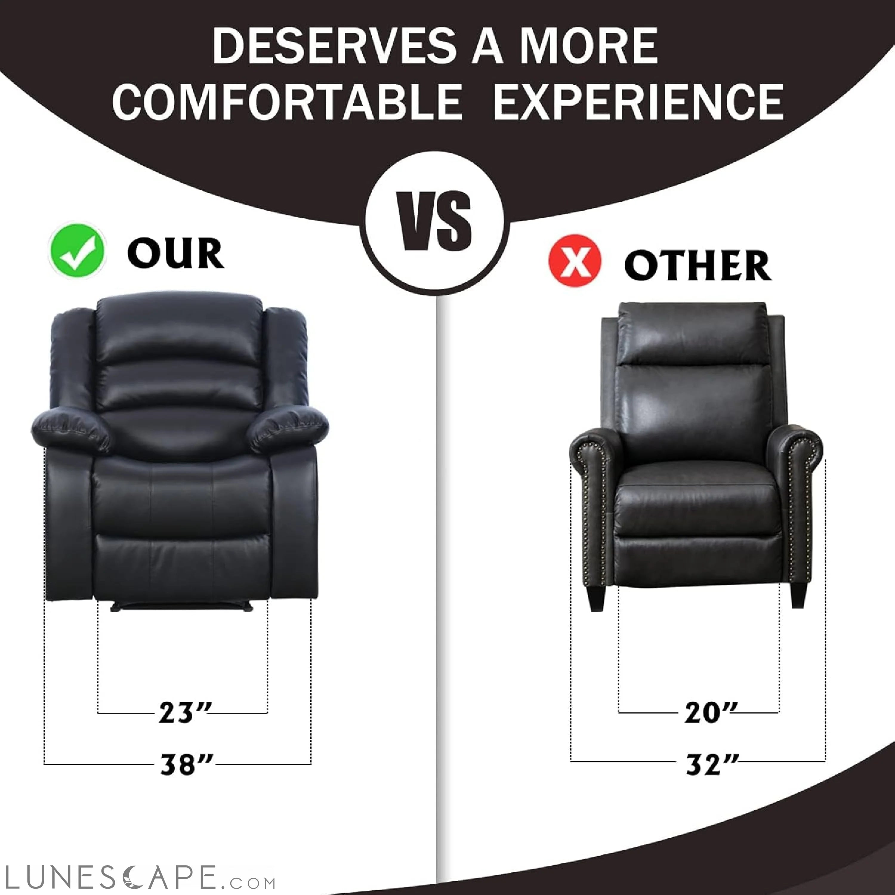Black Recliner Chair Set of 2, with Overstuffed Arm and Back, LUNESCAPE