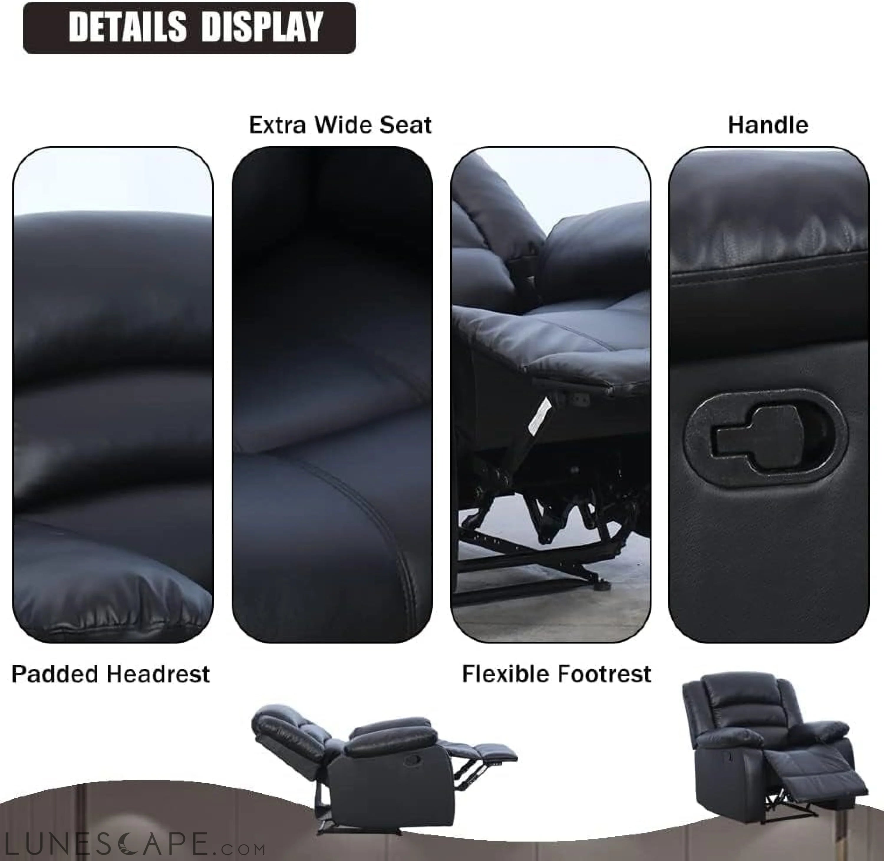 Black Recliner Chair Set of 2, with Overstuffed Arm and Back, LUNESCAPE