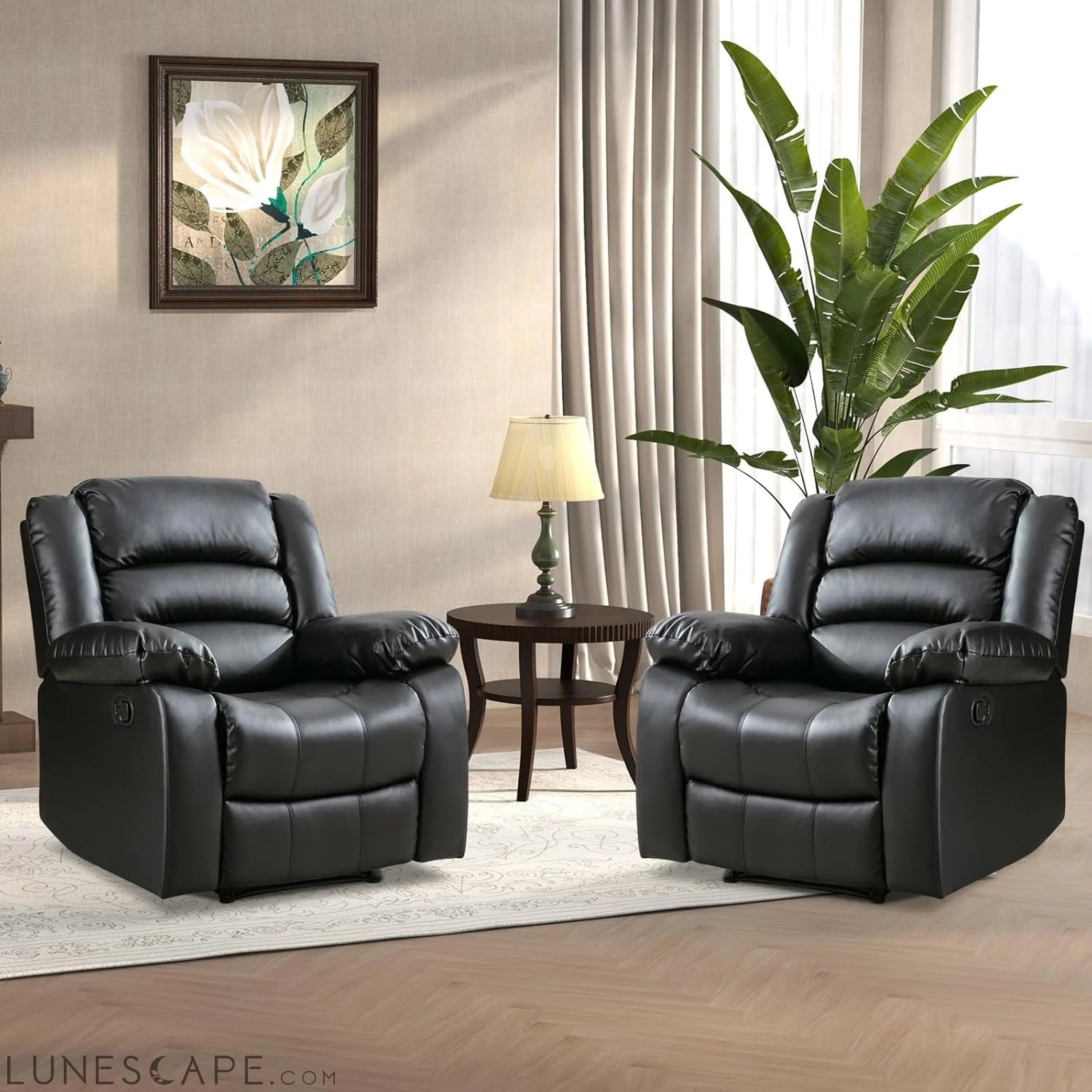 Black Recliner Chair Set of 2, with Overstuffed Arm and Back, LUNESCAPE