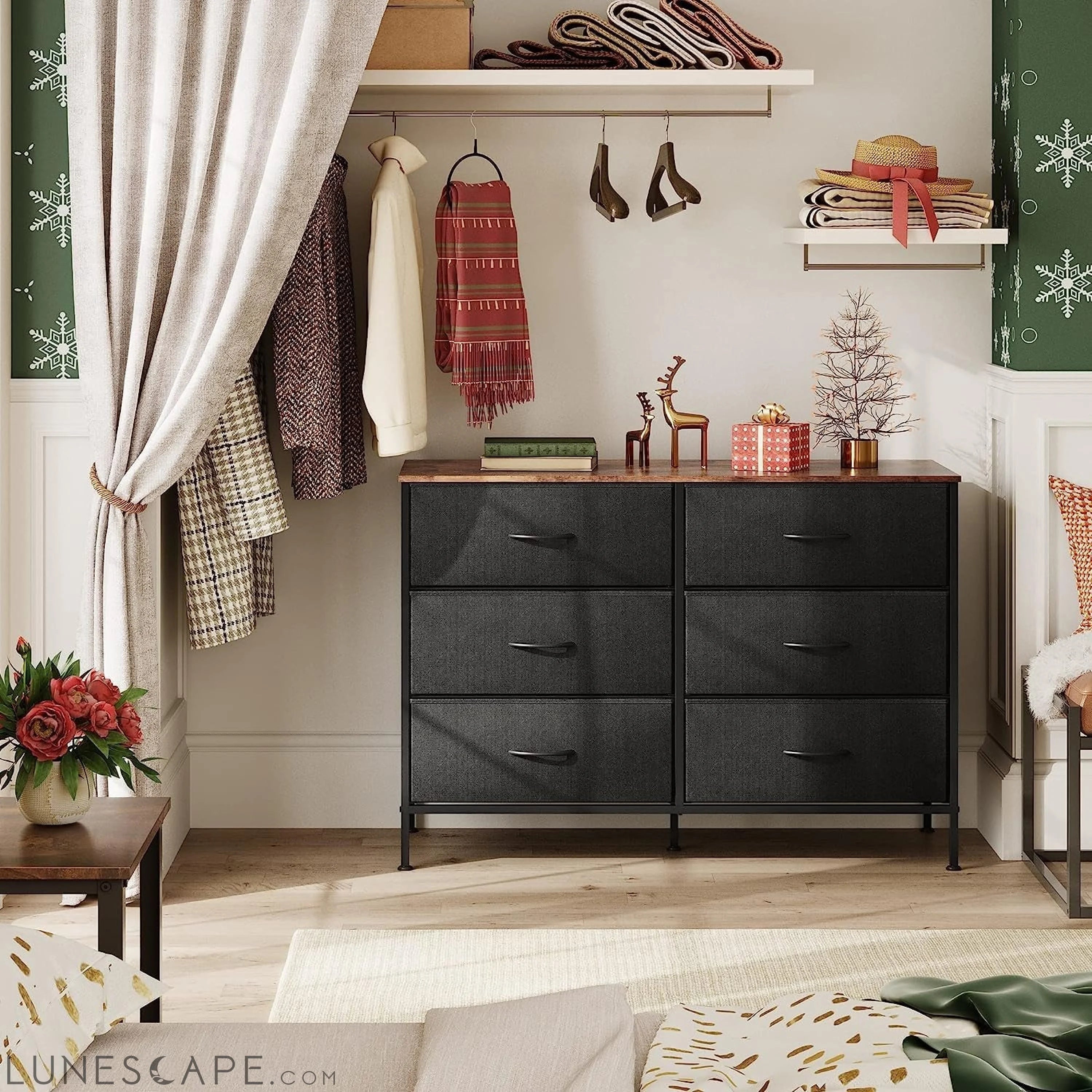 Black Rustic Dresser with 6 Drawers and TV Stand LUNESCAPE