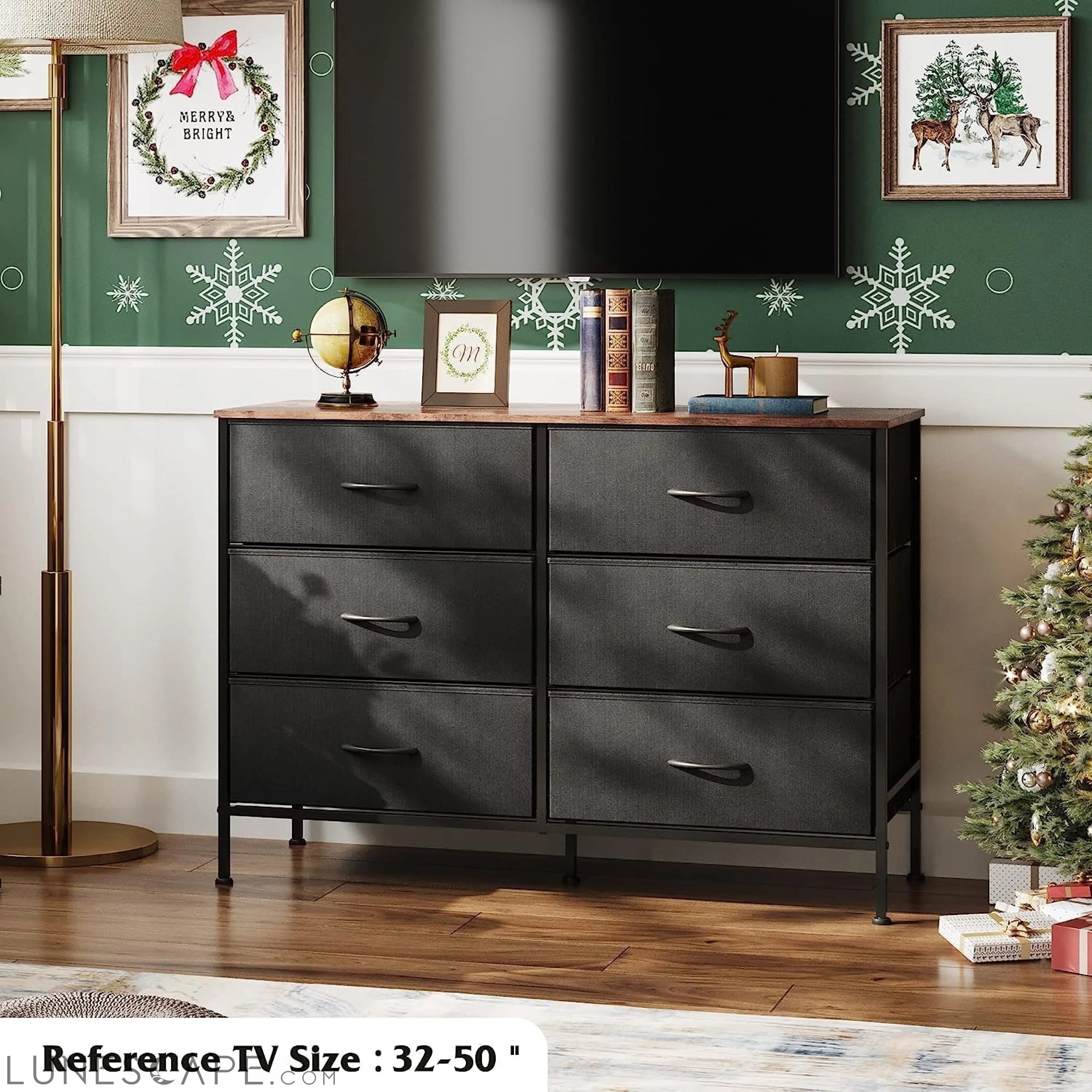 Black Rustic Dresser with 6 Drawers and TV Stand LUNESCAPE