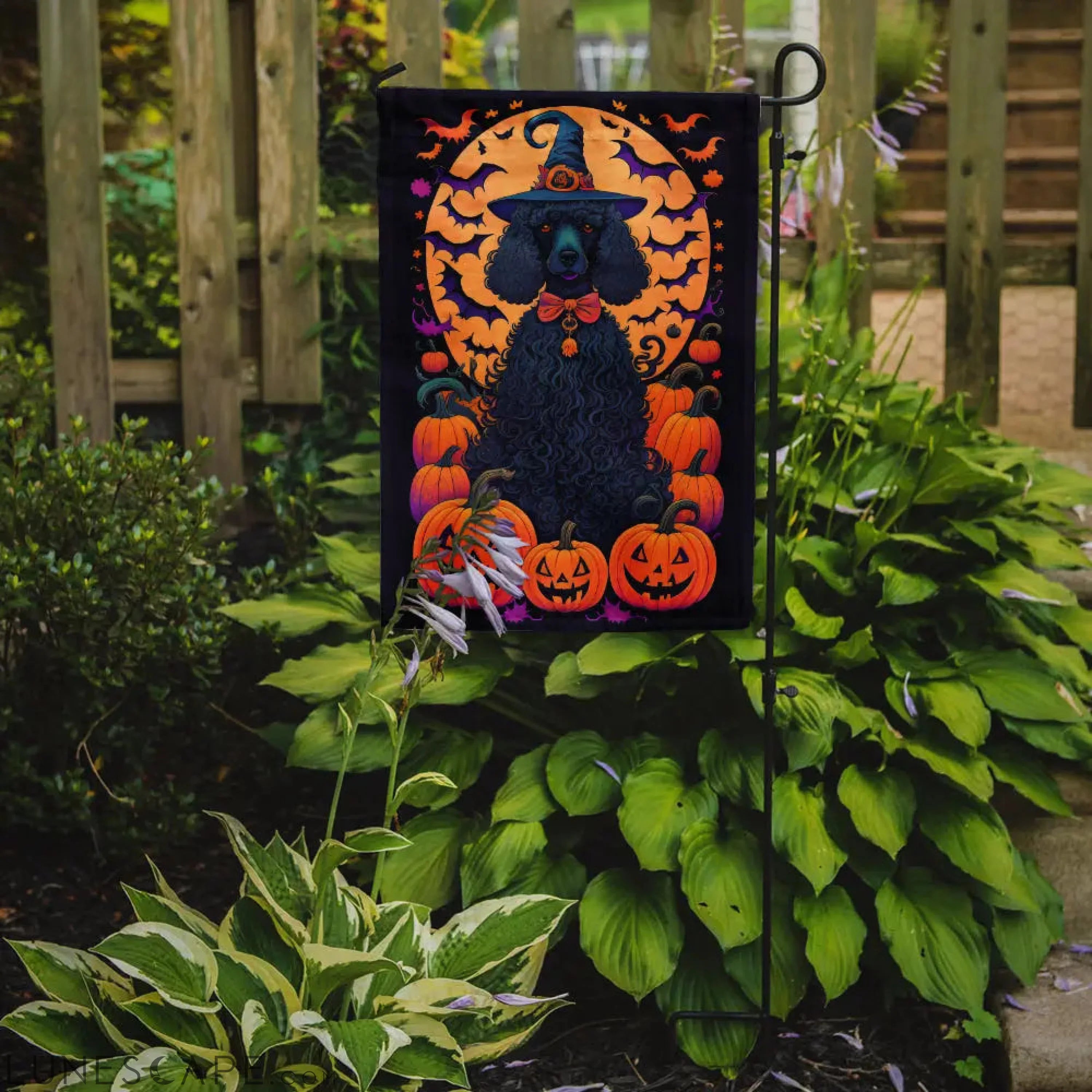 Black Standard Poodle Witchy Halloween Garden Flag LUNESCAPE