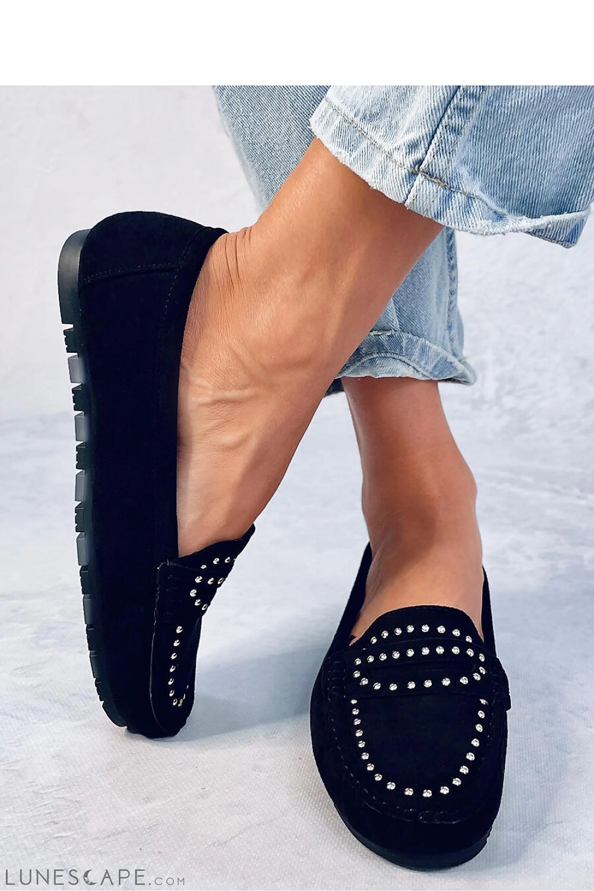 Black Studded Women's Loafers – Moc Toe with Driving Sole LUNESCAPE
