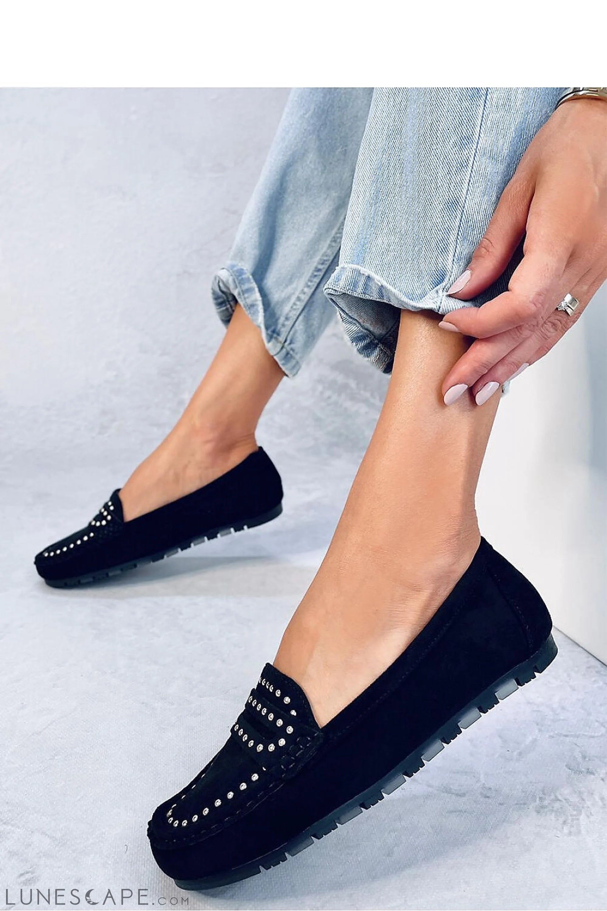 Black Studded Women's Loafers – Moc Toe with Driving Sole LUNESCAPE