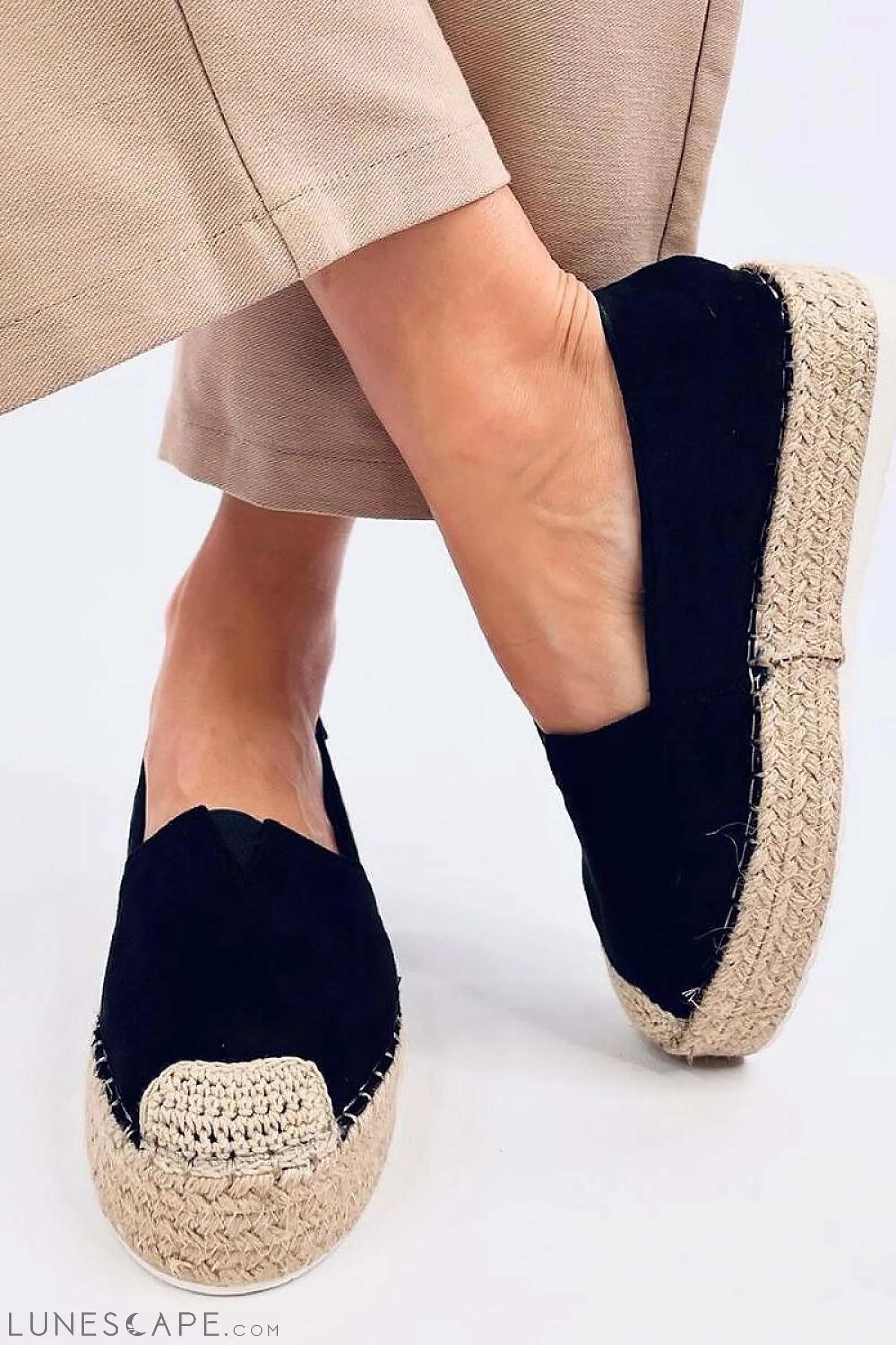 Black Suede Flat Espadrille with Raffia Cap Toe LUNESCAPE