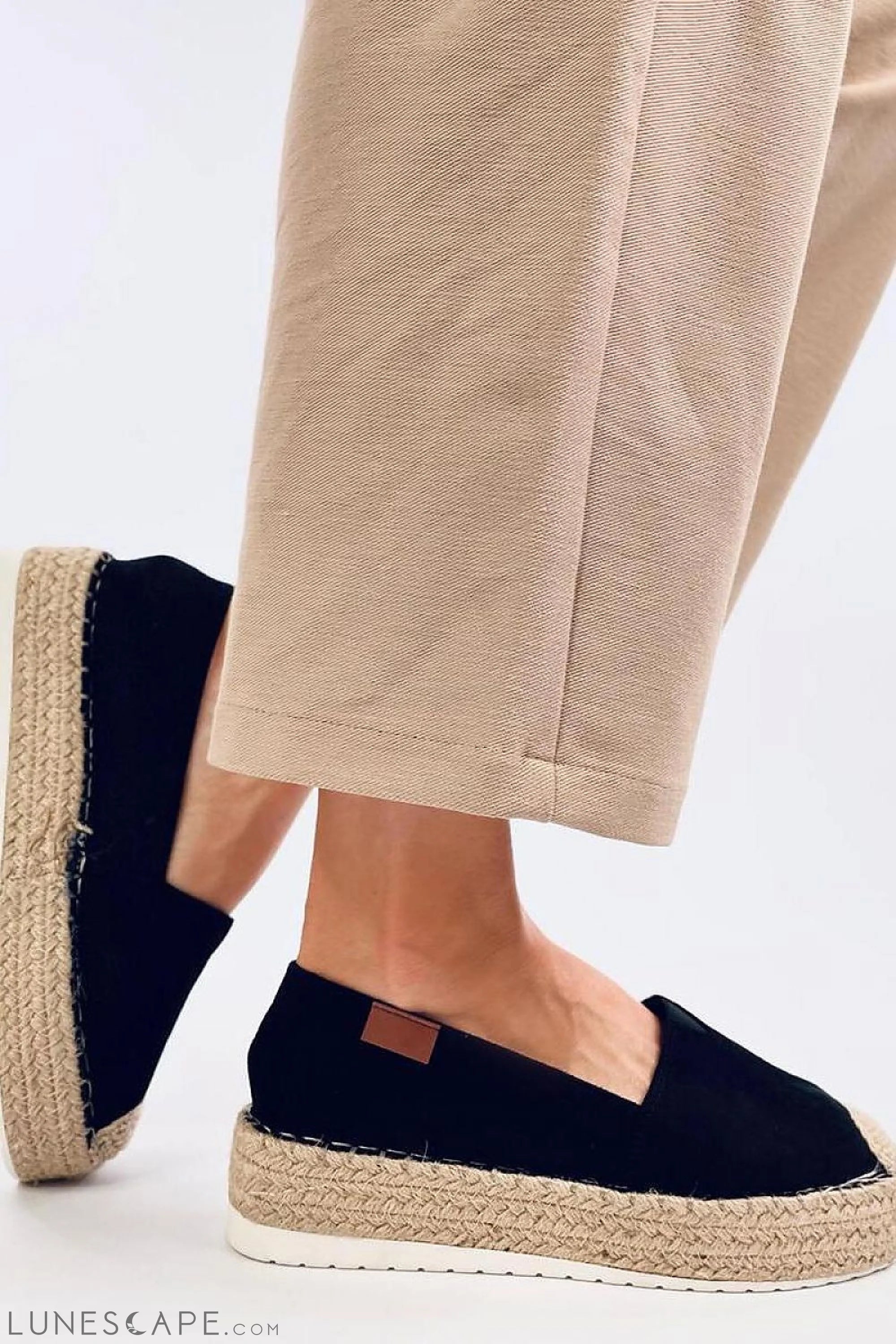 Black Suede Flat Espadrille with Raffia Cap Toe LUNESCAPE