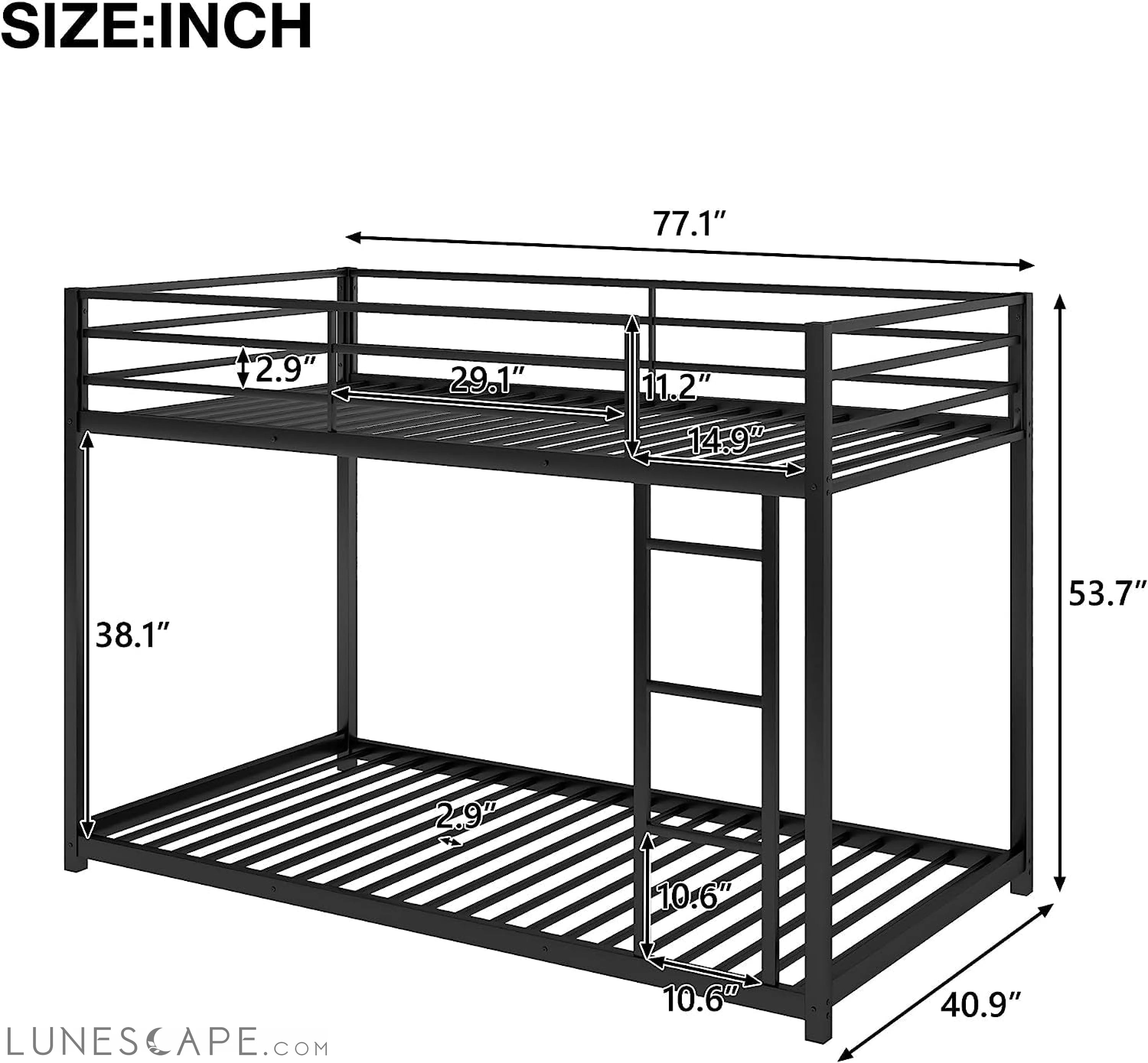 Black Twin Metal Bunk Bed with Guard Rails and Ladder LUNESCAPE