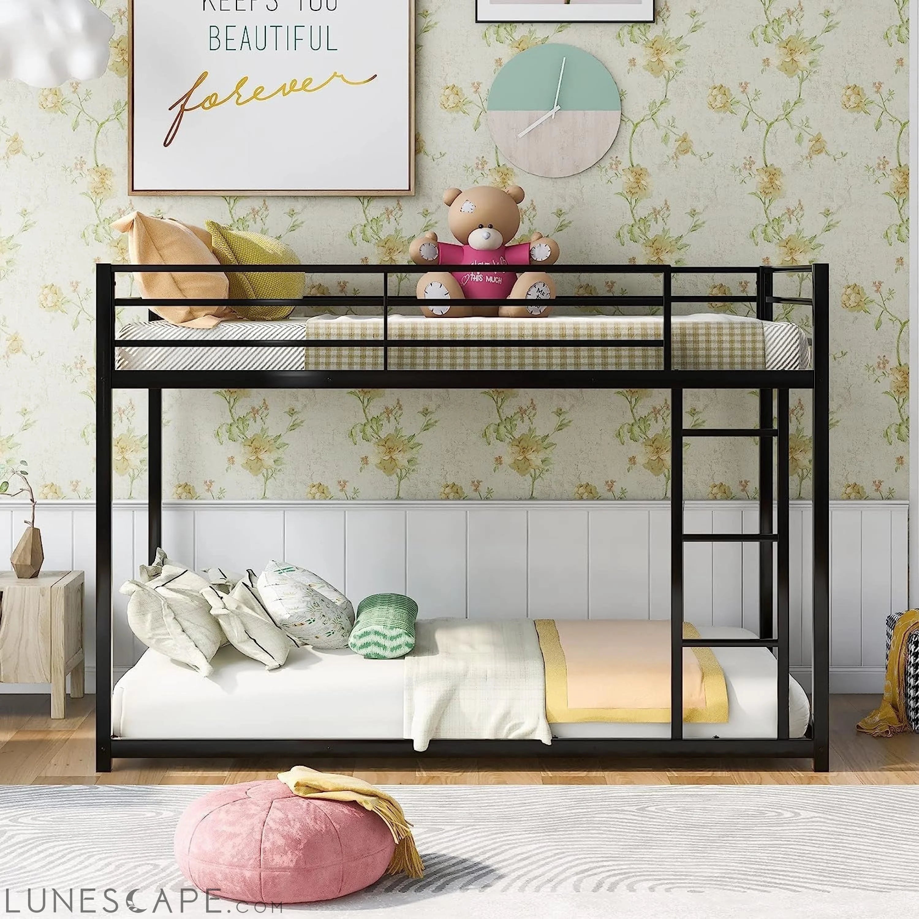 Black Twin Metal Bunk Bed with Guard Rails and Ladder LUNESCAPE