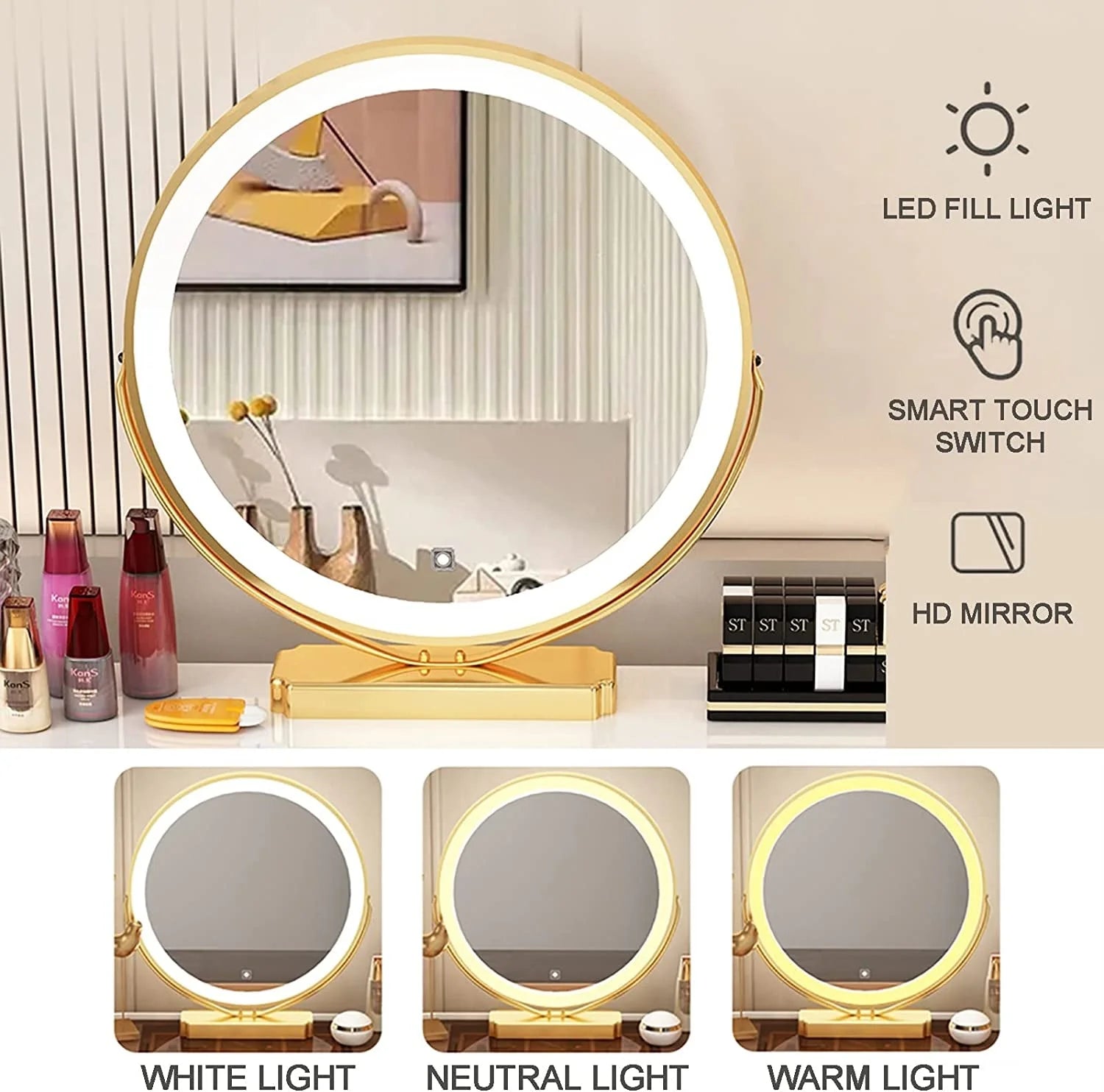 Black Vanity Desk with LED Lighted Mirror & Bedside Table LUNESCAPE