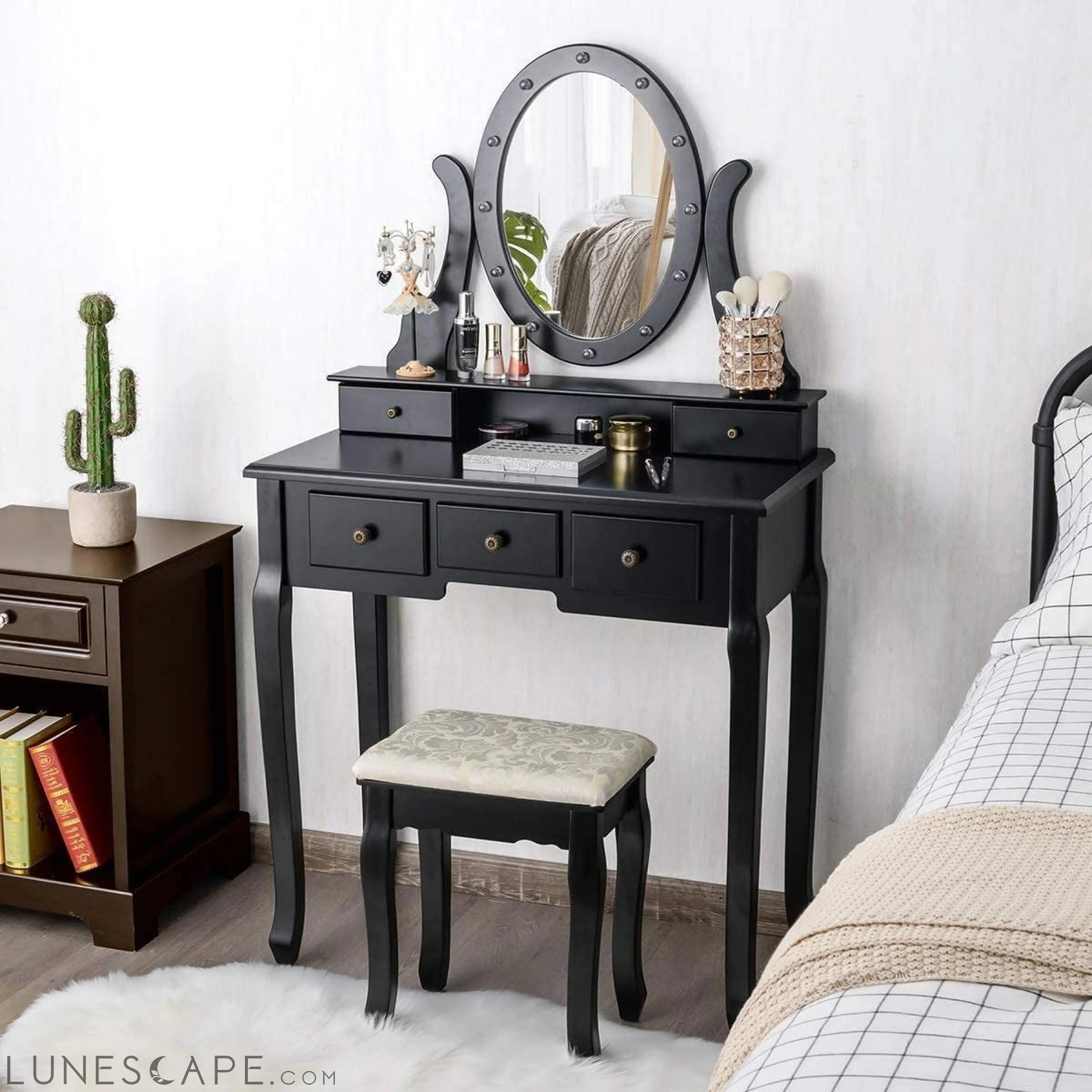 Black Vanity Dressing Table Set with Rotating Mirror LUNESCAPE