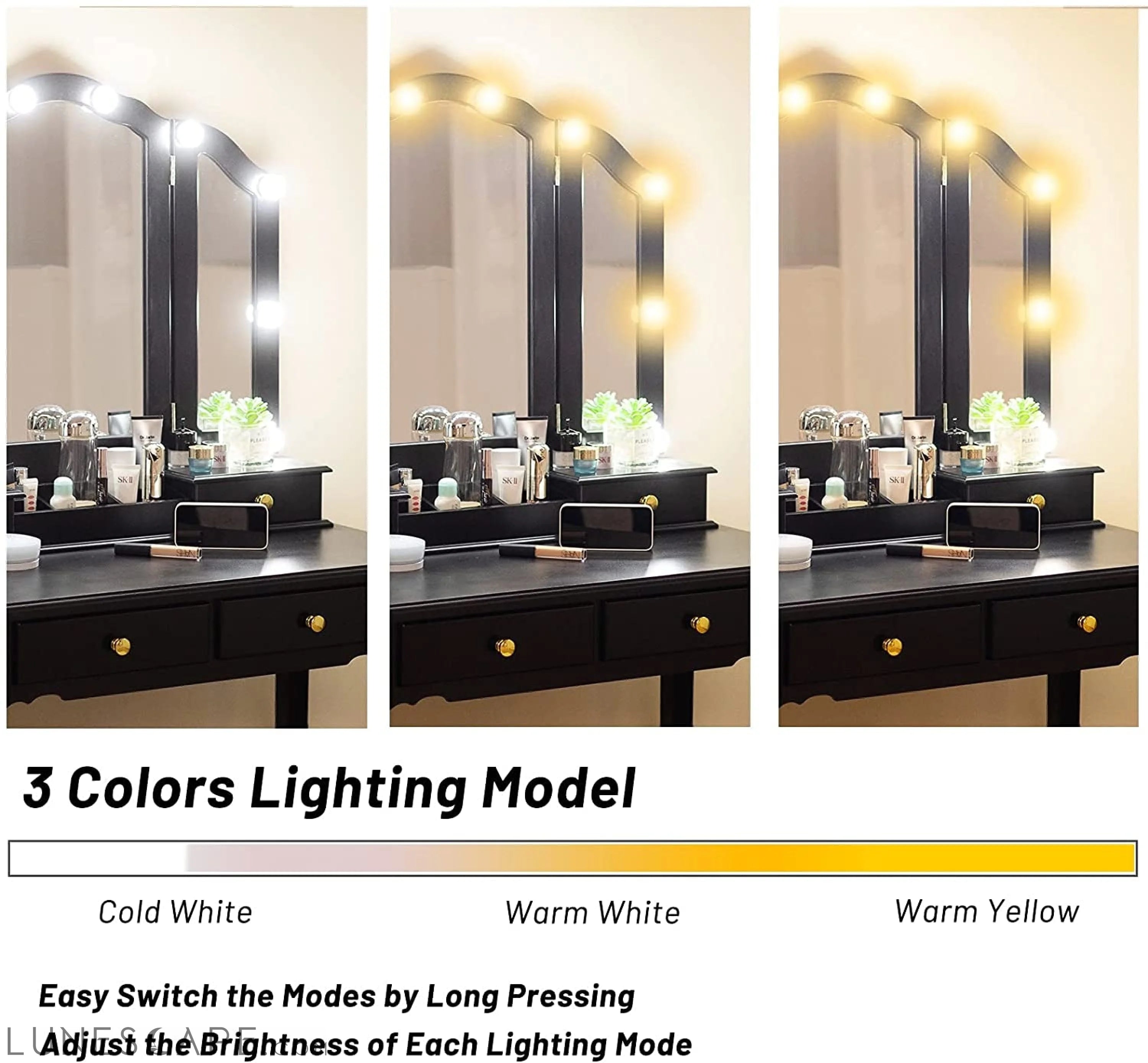 Black Vanity Set with Lighted Tri-Fold Mirror LUNESCAPE