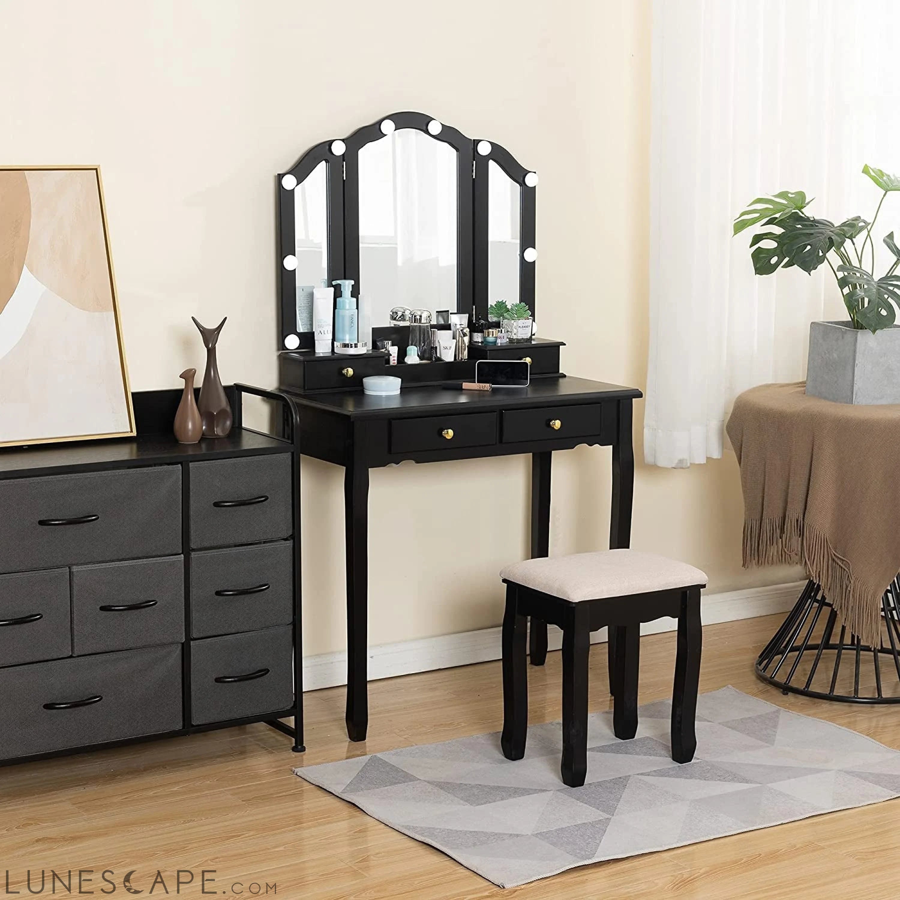 Black Vanity Set with Lighted Tri-Fold Mirror LUNESCAPE