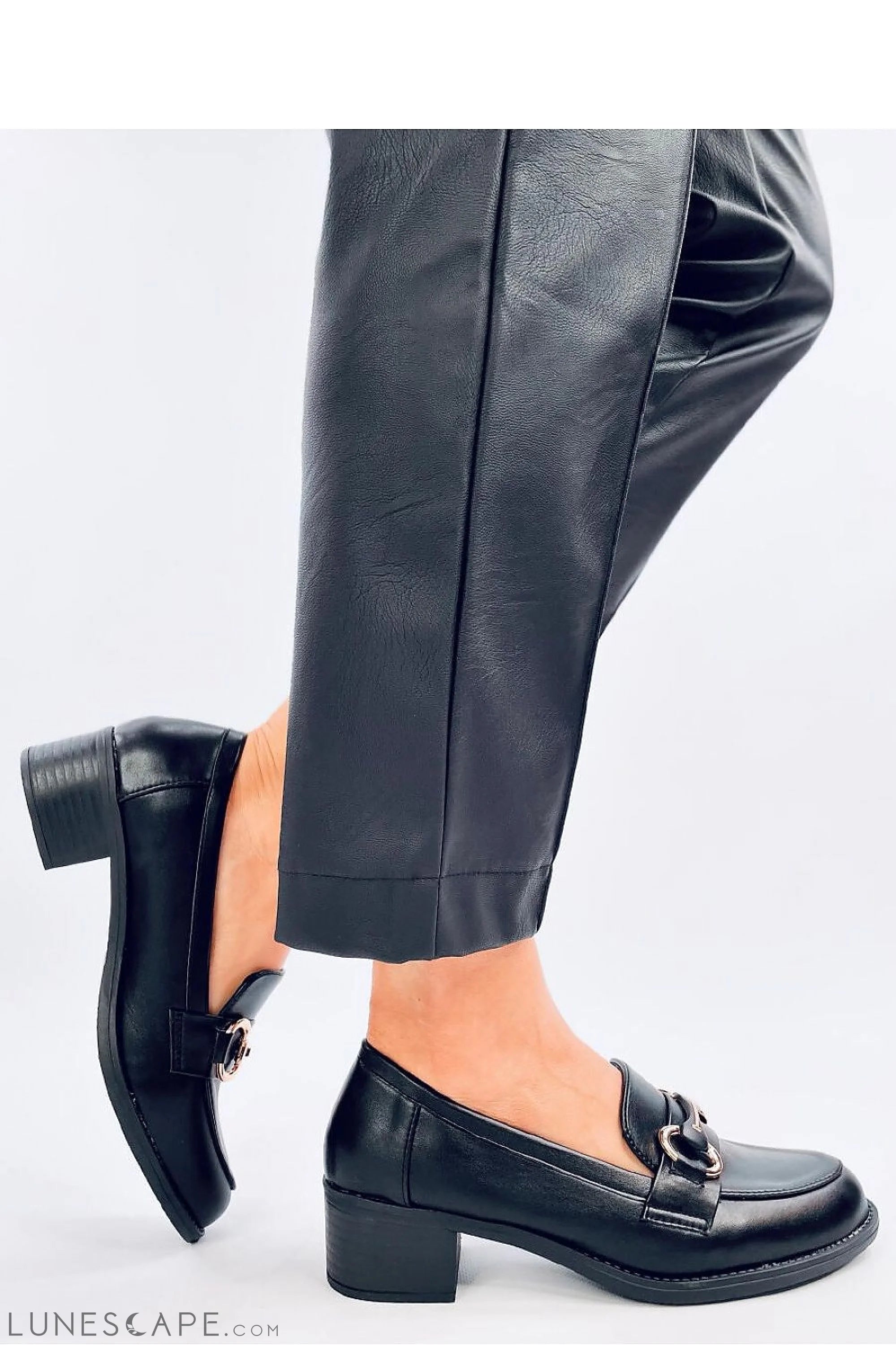 Black Vegan Leather Loafers for Women – Gold Horsebit and Low Block Heel LUNESCAPE