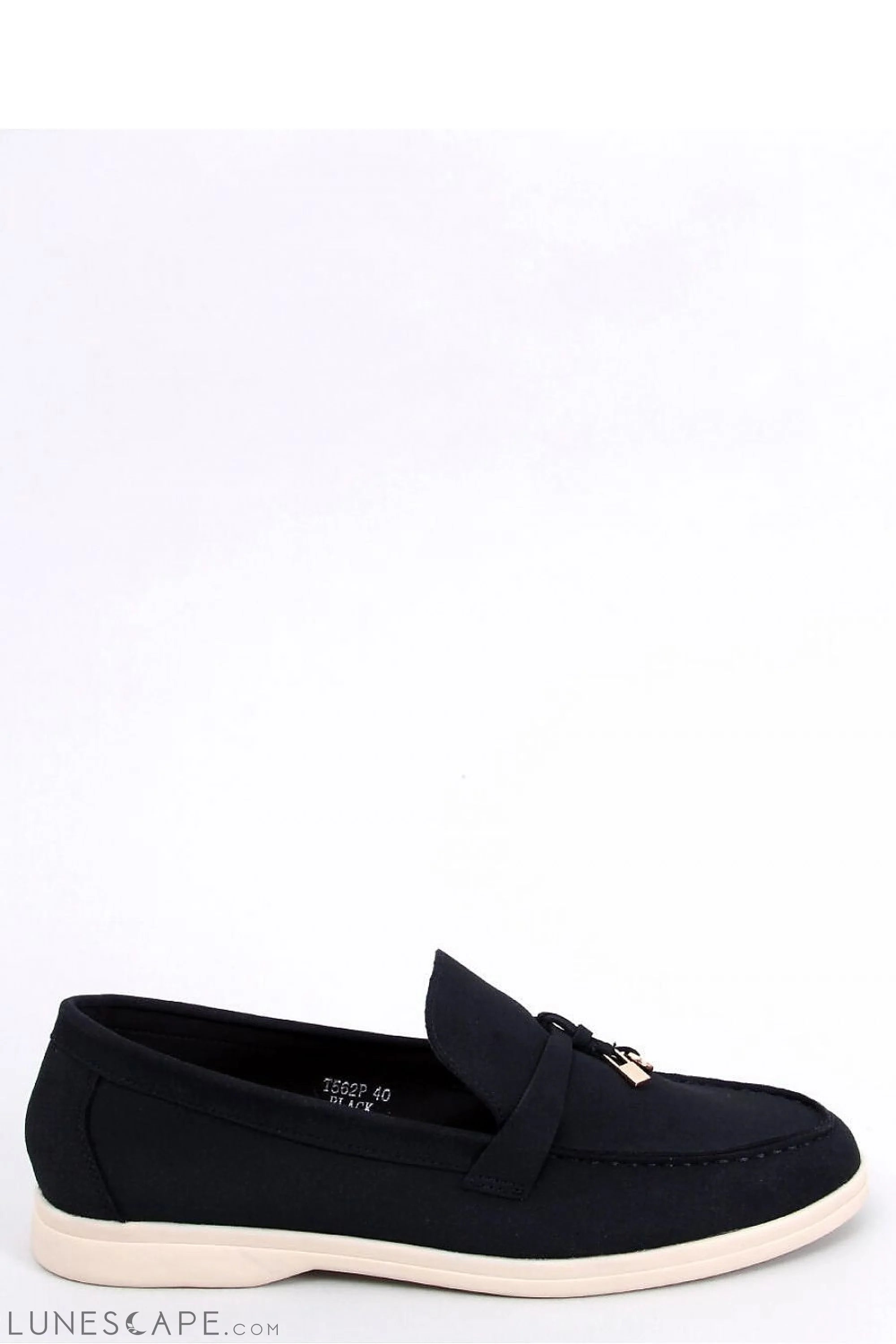 Black Vegan Nubuck Loafers with Gold-Tipped Bow and Contrast Sole LUNESCAPE