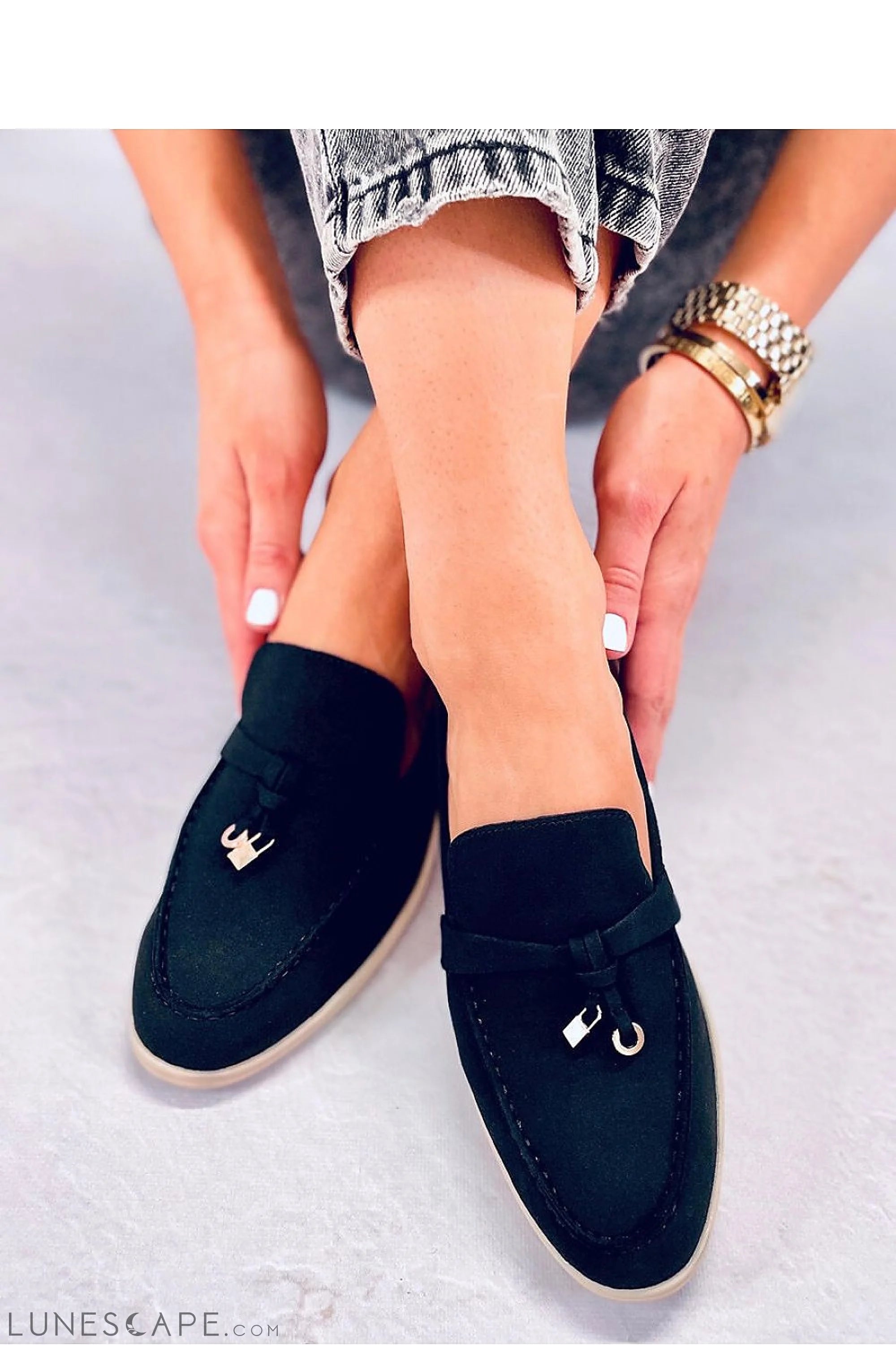 Black Vegan Nubuck Loafers with Gold-Tipped Bow and Contrast Sole LUNESCAPE