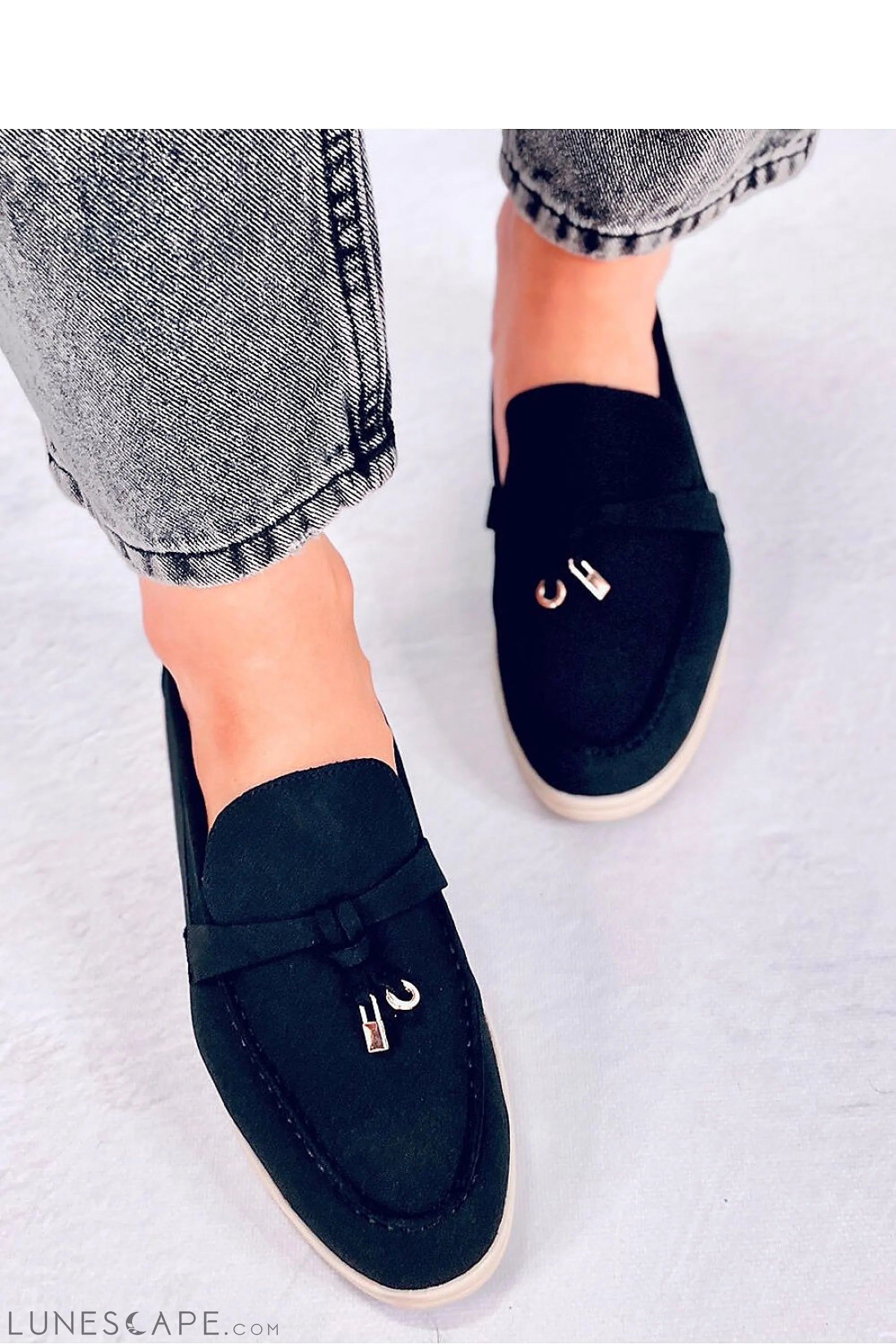 Black Vegan Nubuck Loafers with Gold-Tipped Bow and Contrast Sole LUNESCAPE