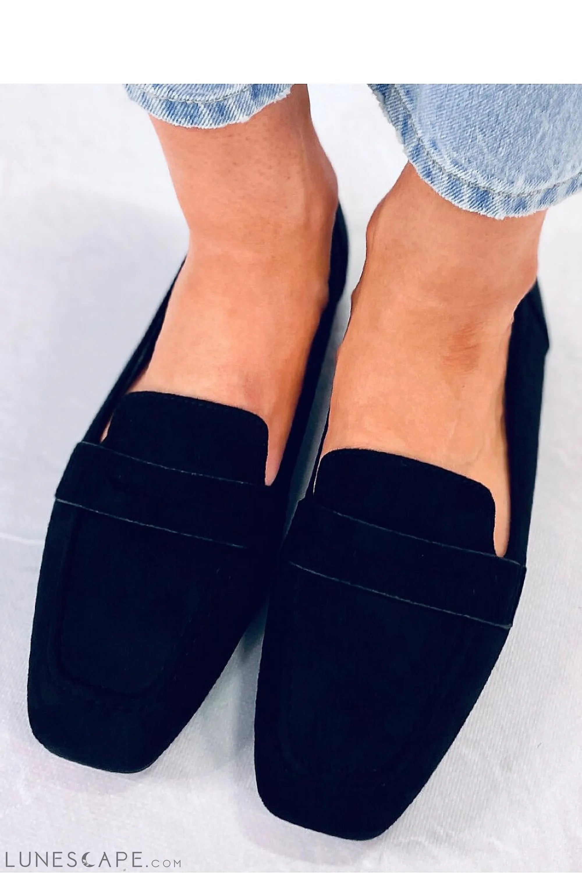Black Vegan Suede Loafers – Women’s Square Toe with Penny Strap Detail LUNESCAPE