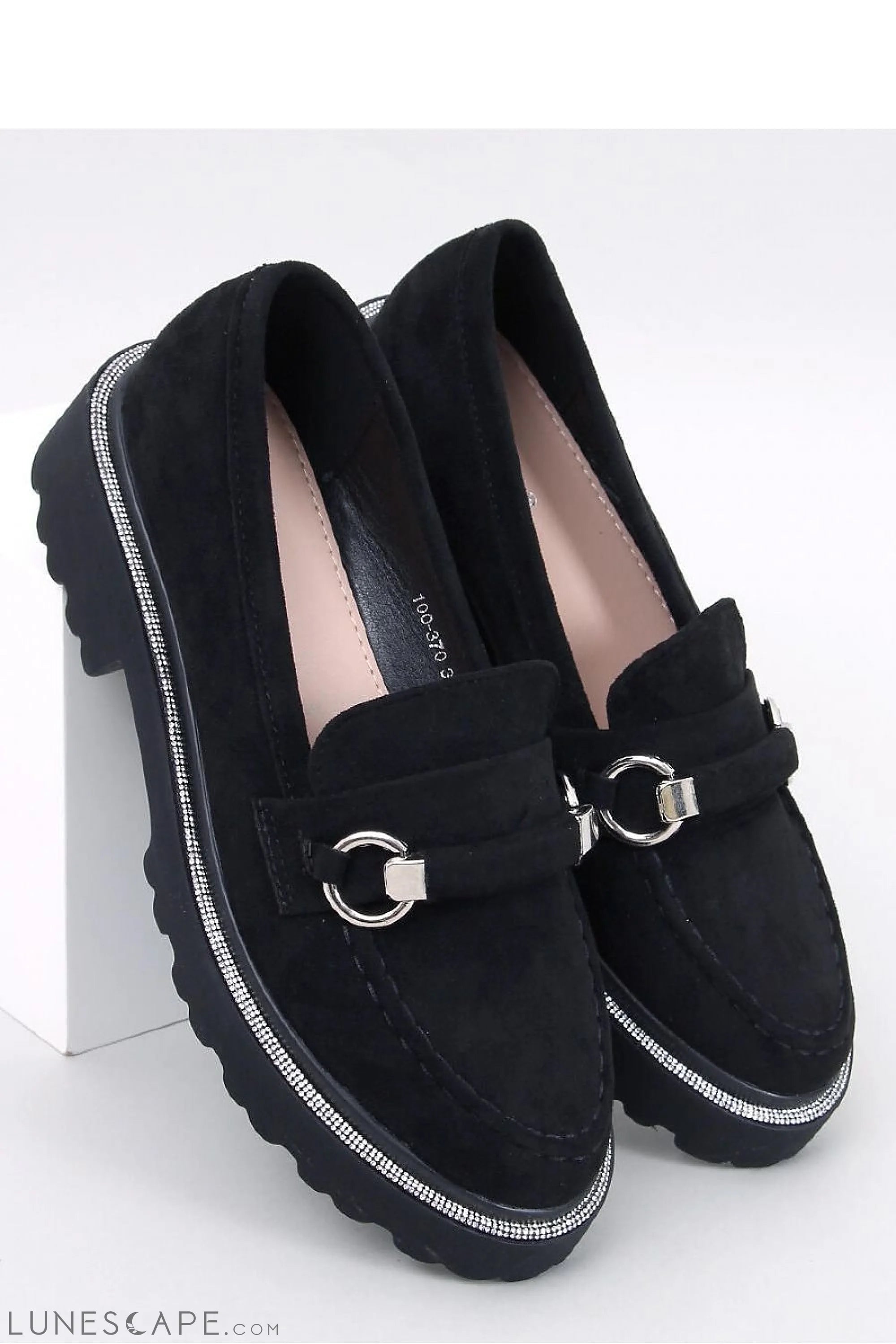 Black Vegan Suede Platform Loafers with Silver Bit Detail and Rhinestone Trim LUNESCAPE