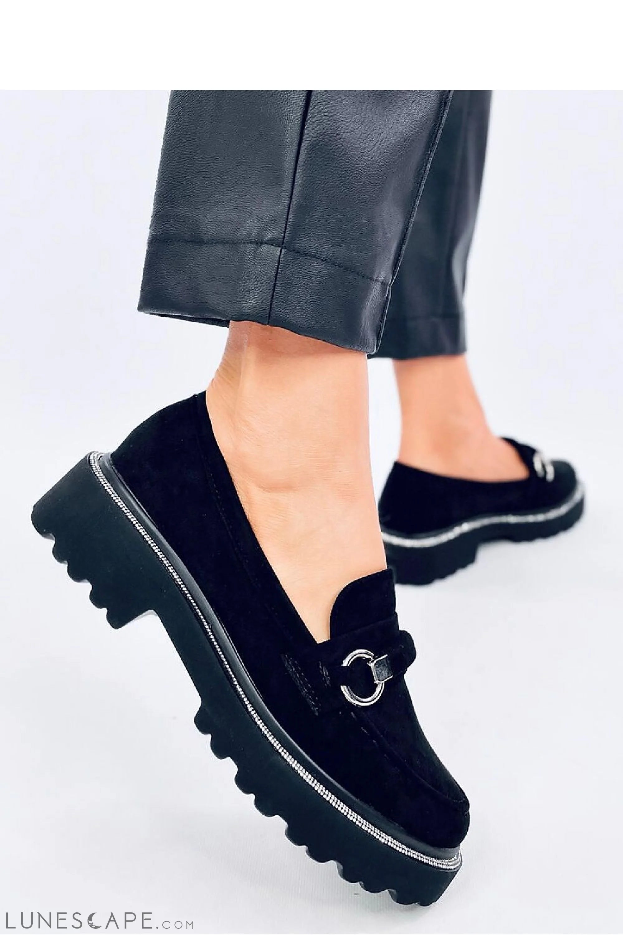 Black Vegan Suede Platform Loafers with Silver Bit Detail and Rhinestone Trim LUNESCAPE