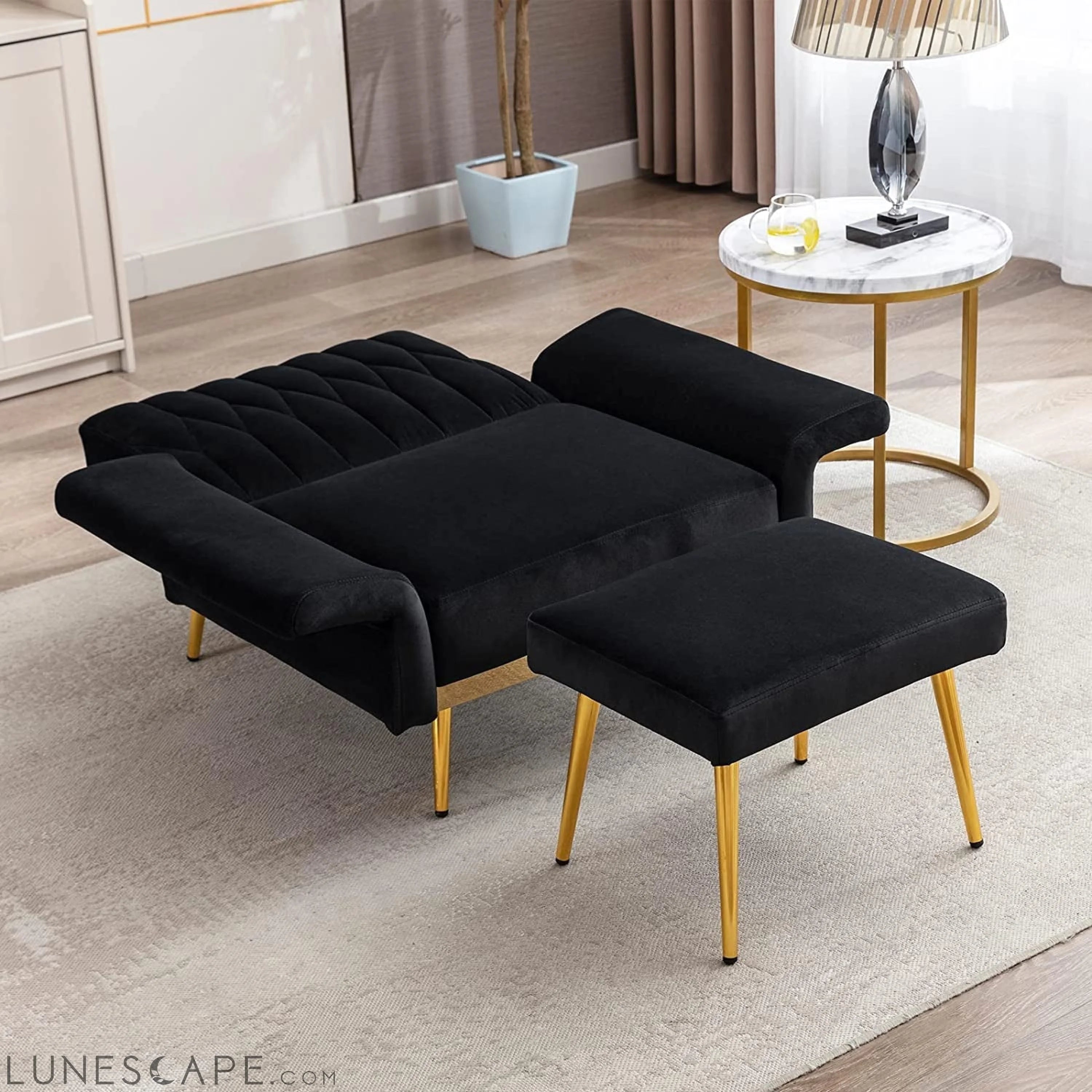 Black Velvet Lounge Chair with Ottoman, Adjustable Armrests LUNESCAPE