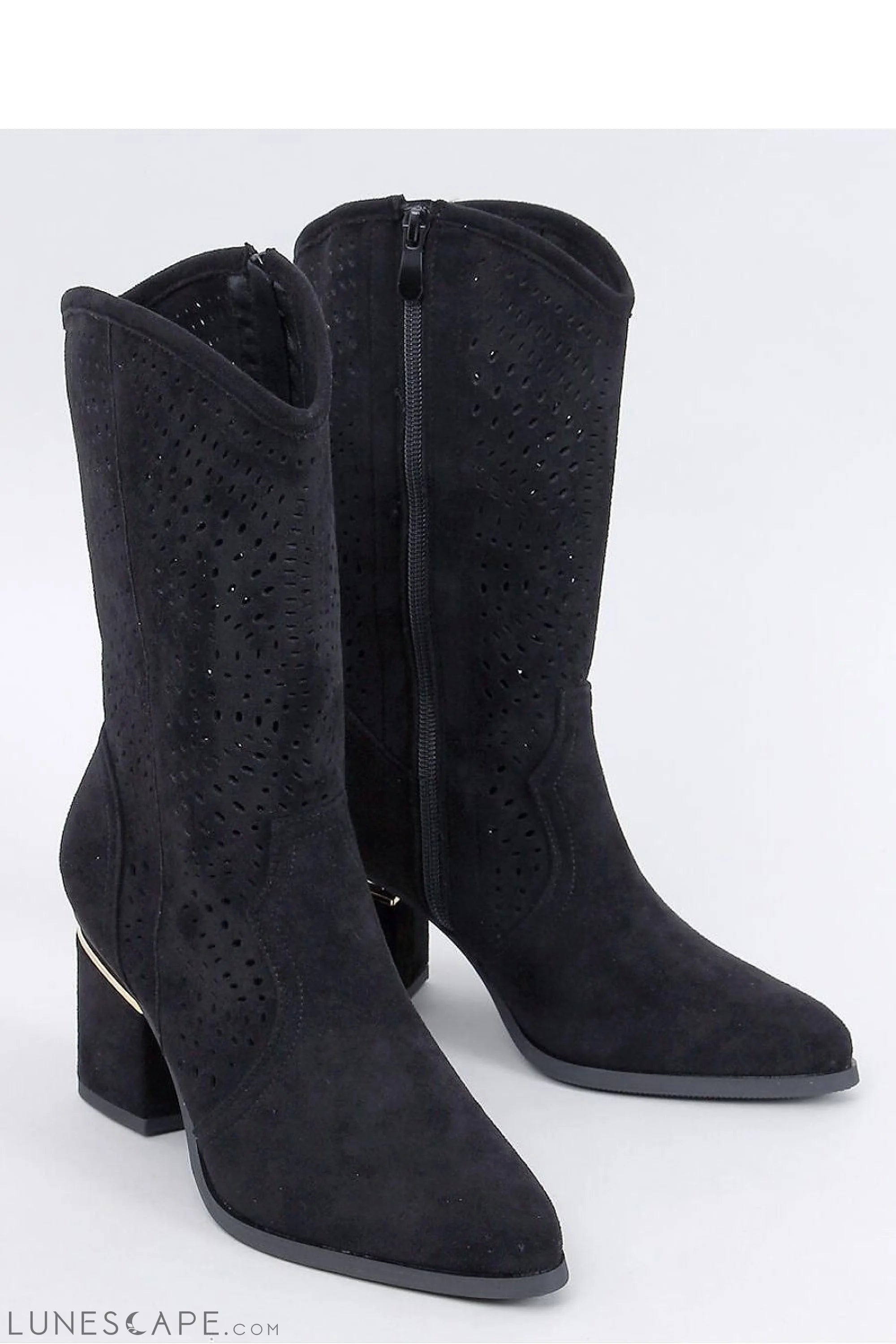 Black Western Knee-High Suede High Heel Boots with Lacy Openwork Detail LUNESCAPE