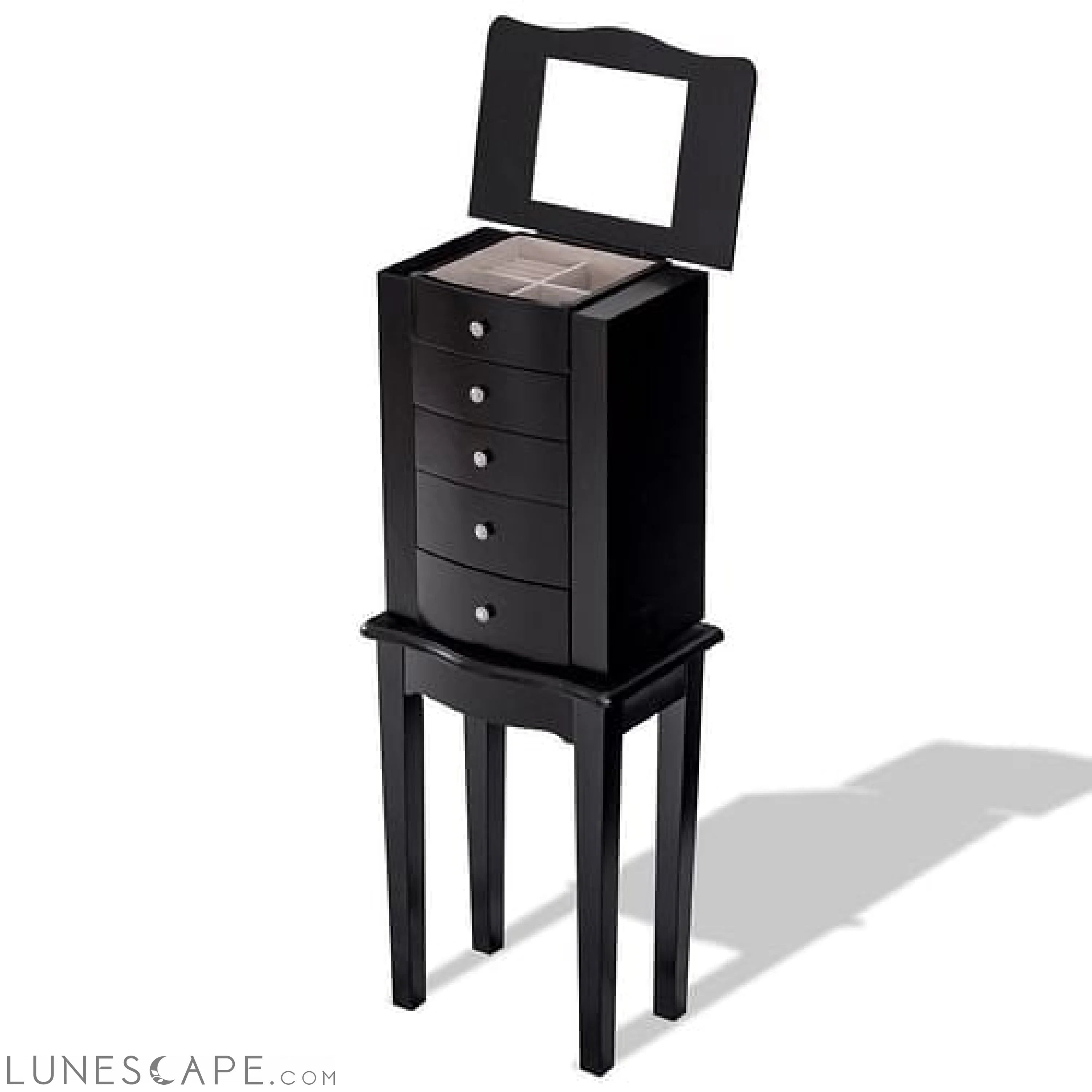 Black Wood 5-Drawer Jewelry Chest Storage Chest Cabinet with Mirror LUNESCAPE