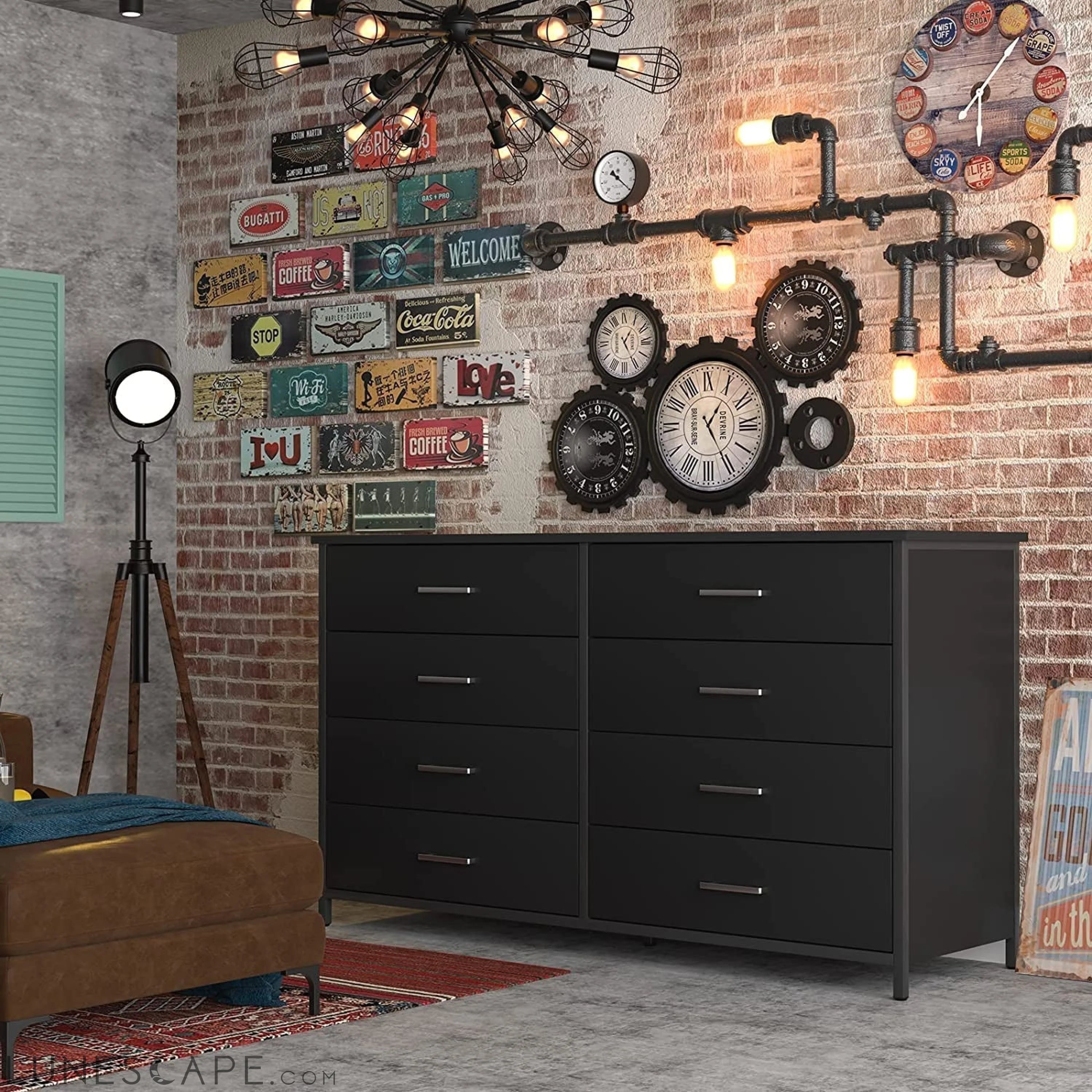 Black Wood 8-Drawer Double Dresser with Steel Frame LUNESCAPE