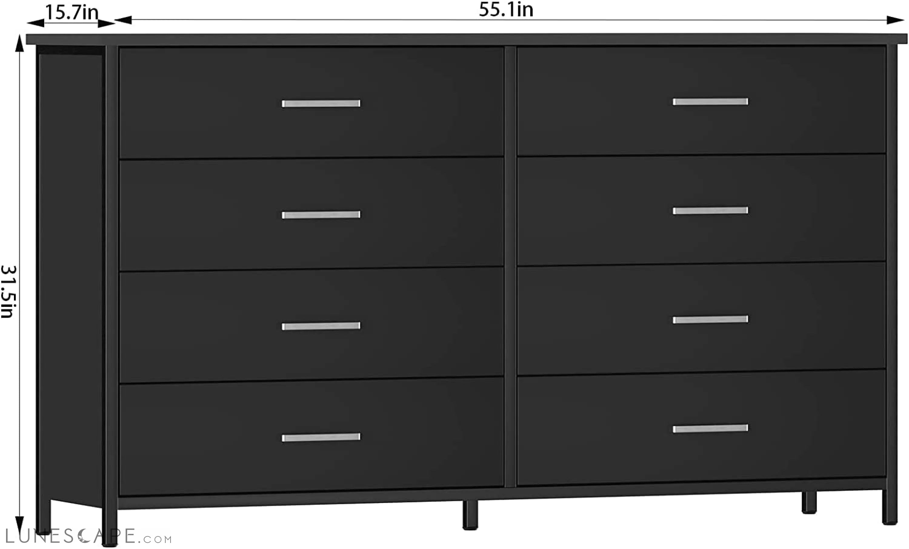 Black Wood 8-Drawer Double Dresser with Steel Frame LUNESCAPE