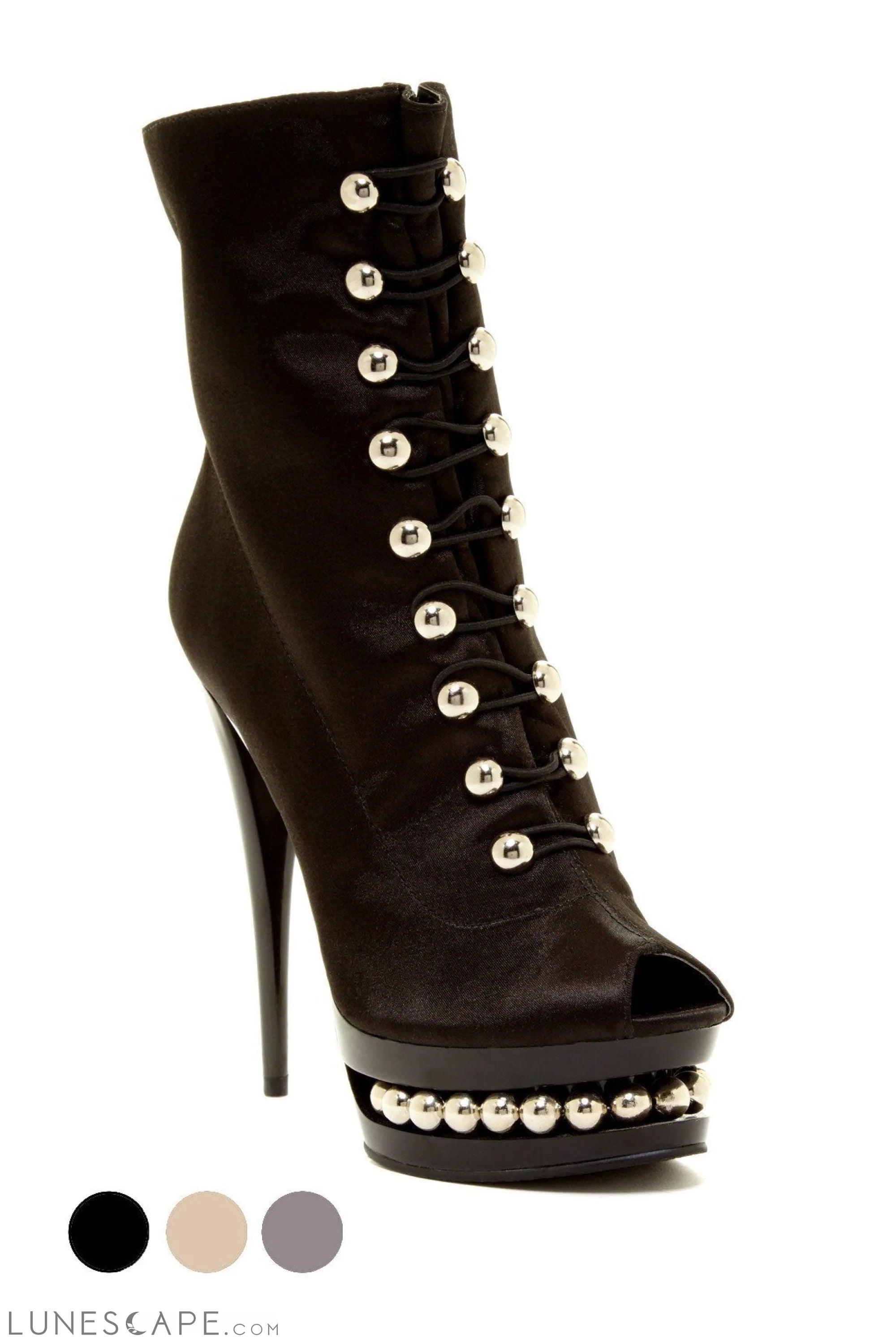 BLAKEE Studded OpenToe Victorian Stiletto Ankle Boot - Grey, Black, Tan LUNESCAPE
