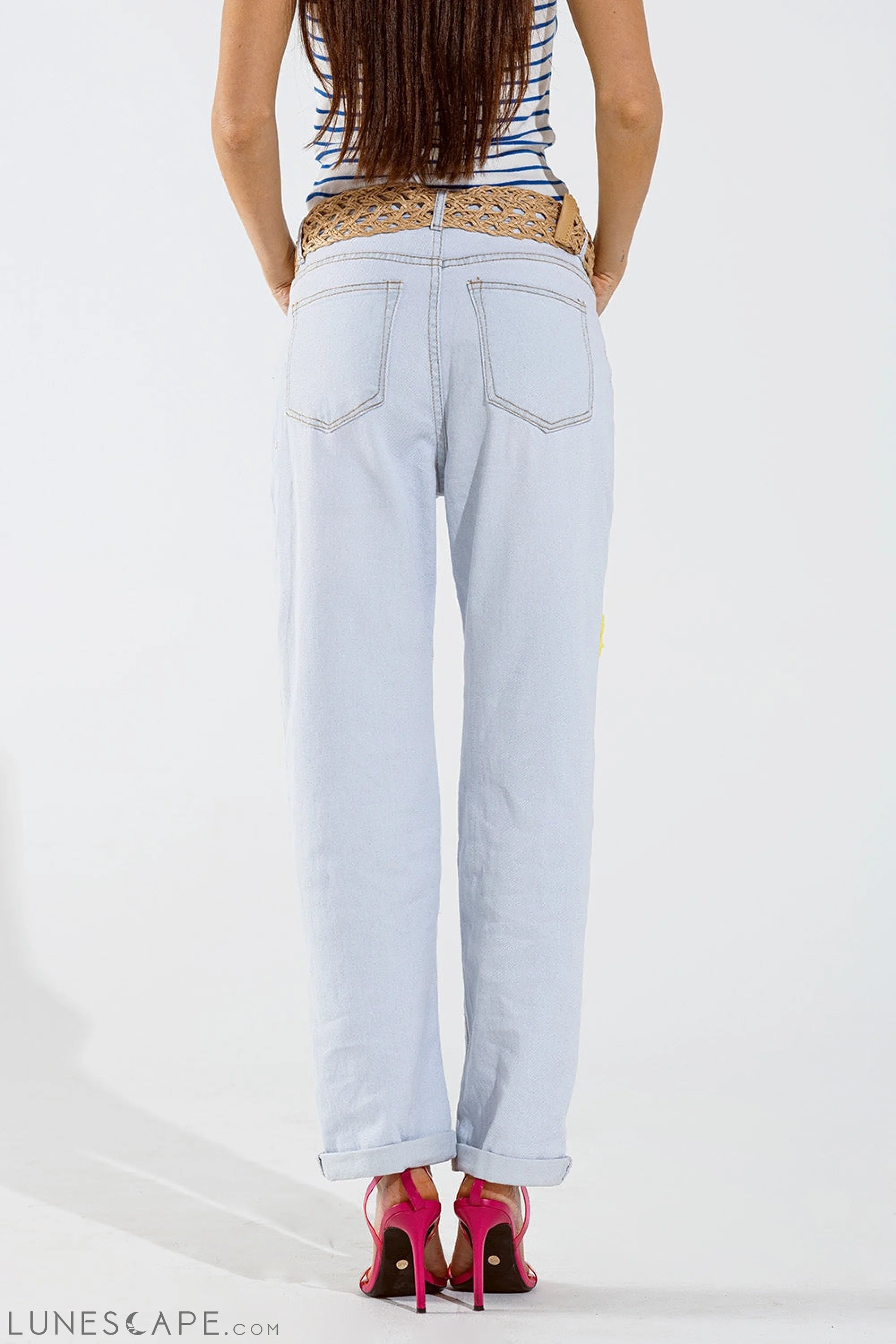 Bleached Relaxed Jeans With Multicolor Floral Design LUNESCAPE