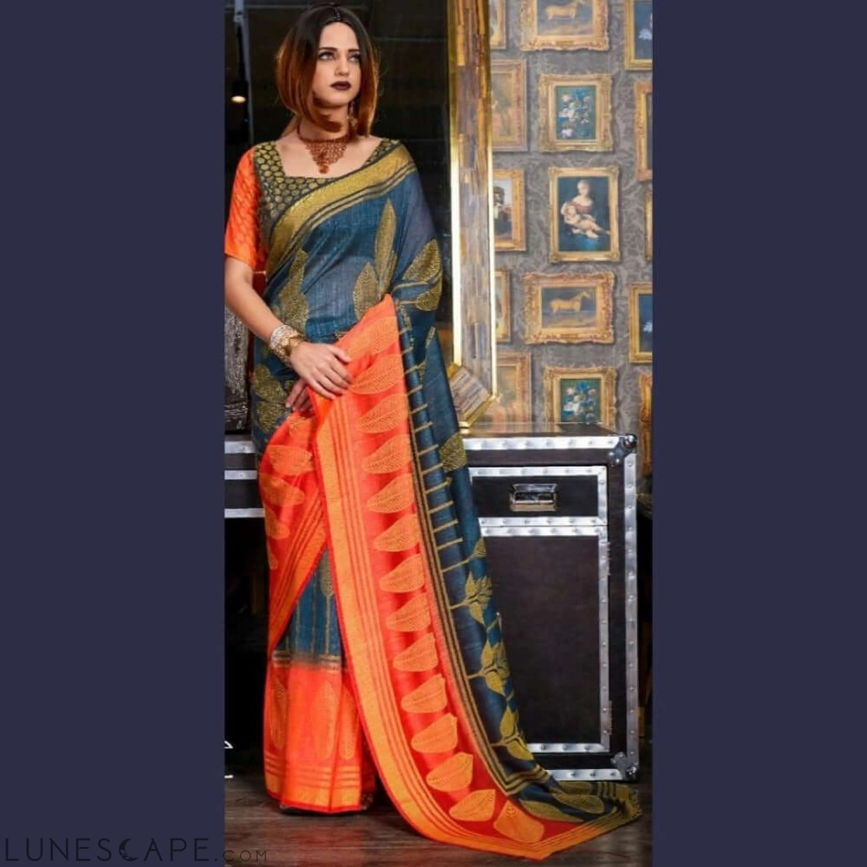 Blue and Orange Woven Saree LUNESCAPE
