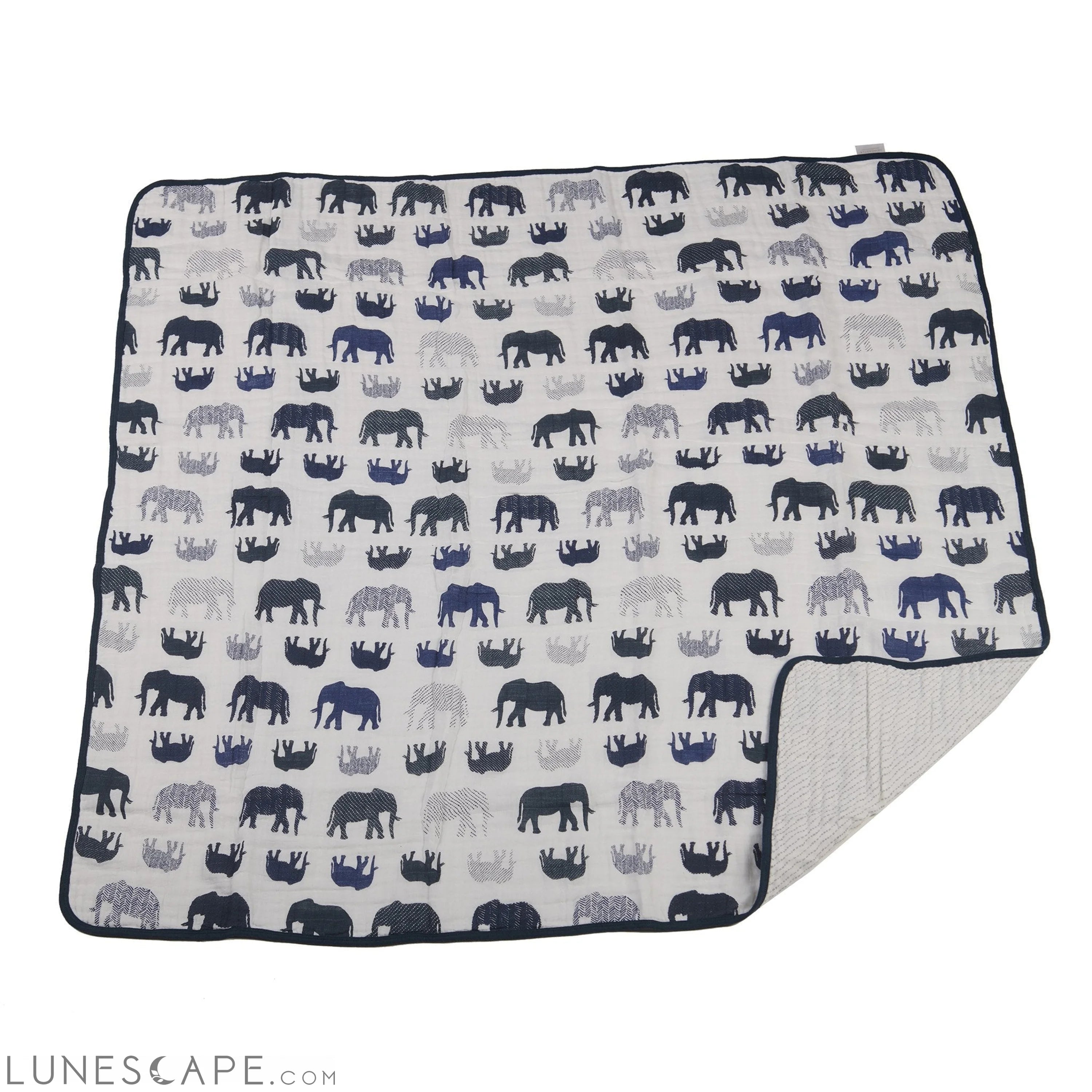 Blue Elephant and Spotted Wave Cotton Muslin Newcastle Blanket LUNESCAPE