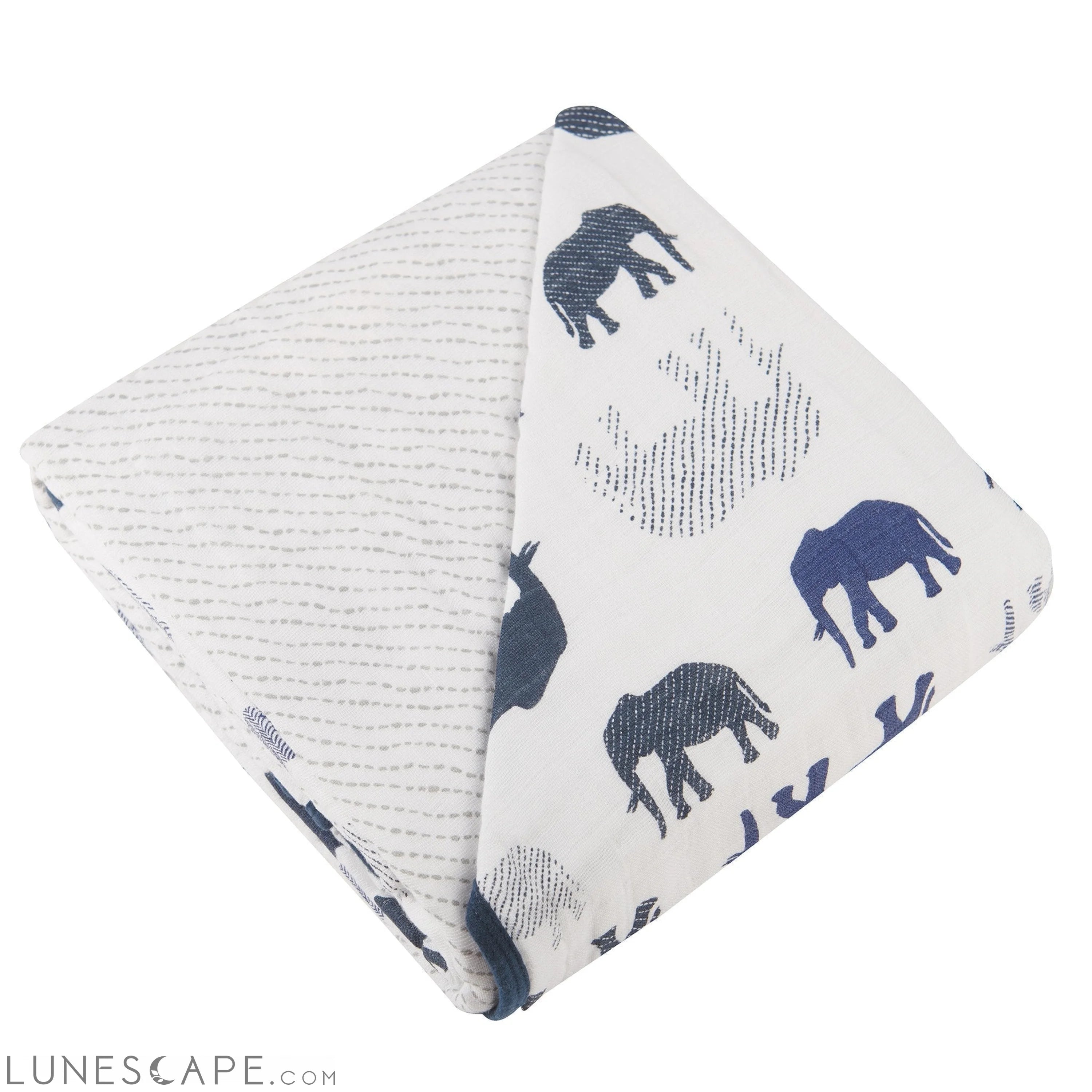 Blue Elephant and Spotted Wave Cotton Muslin Newcastle Blanket LUNESCAPE