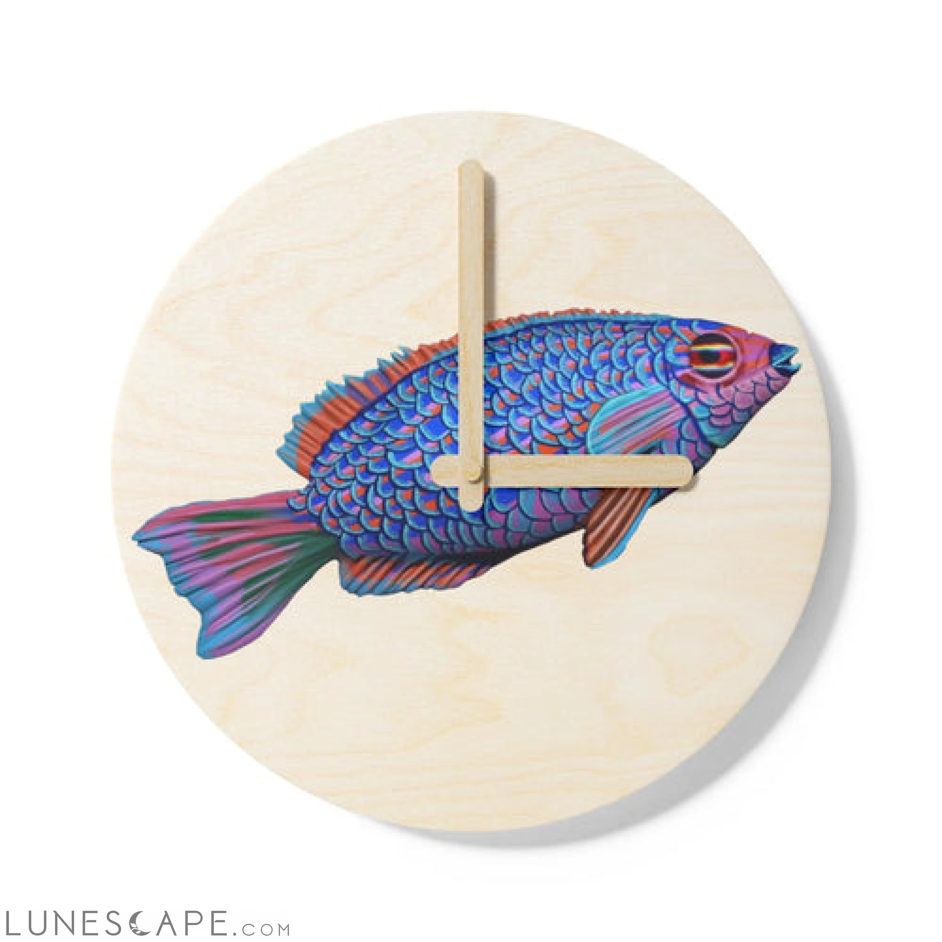 Blue Fish Wooden Wall Clock LUNESCAPE