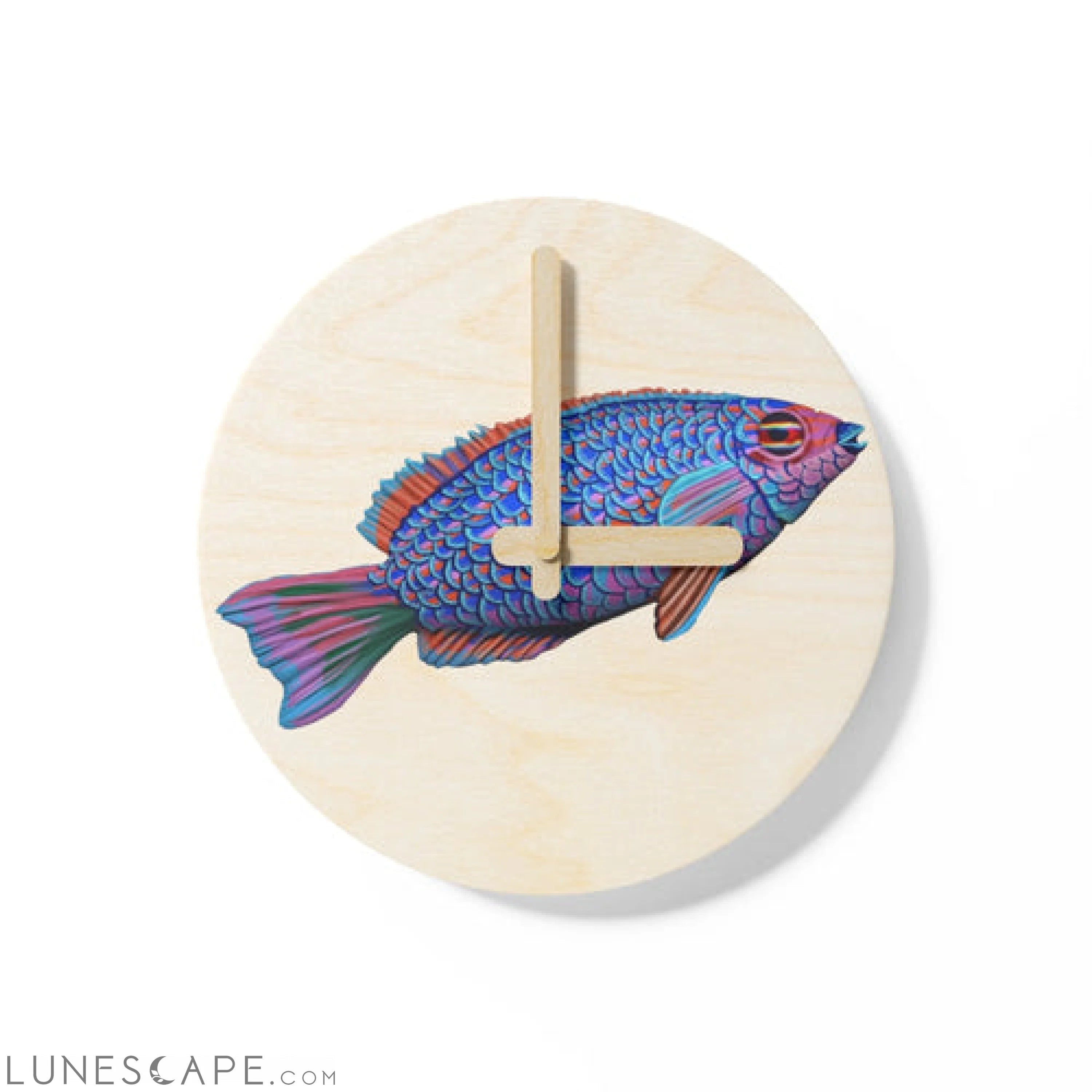 Blue Fish Wooden Wall Clock LUNESCAPE