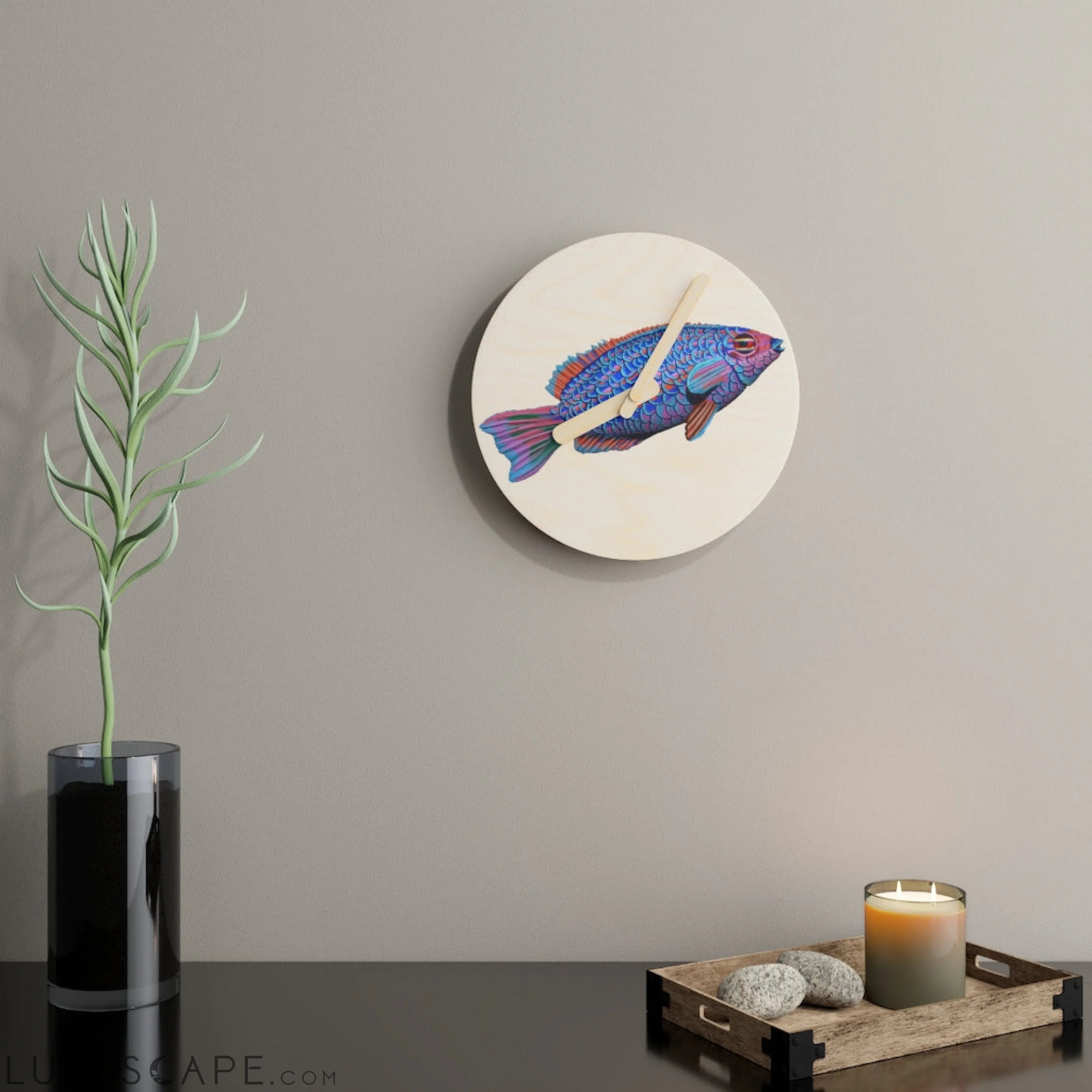 Blue Fish Wooden Wall Clock LUNESCAPE