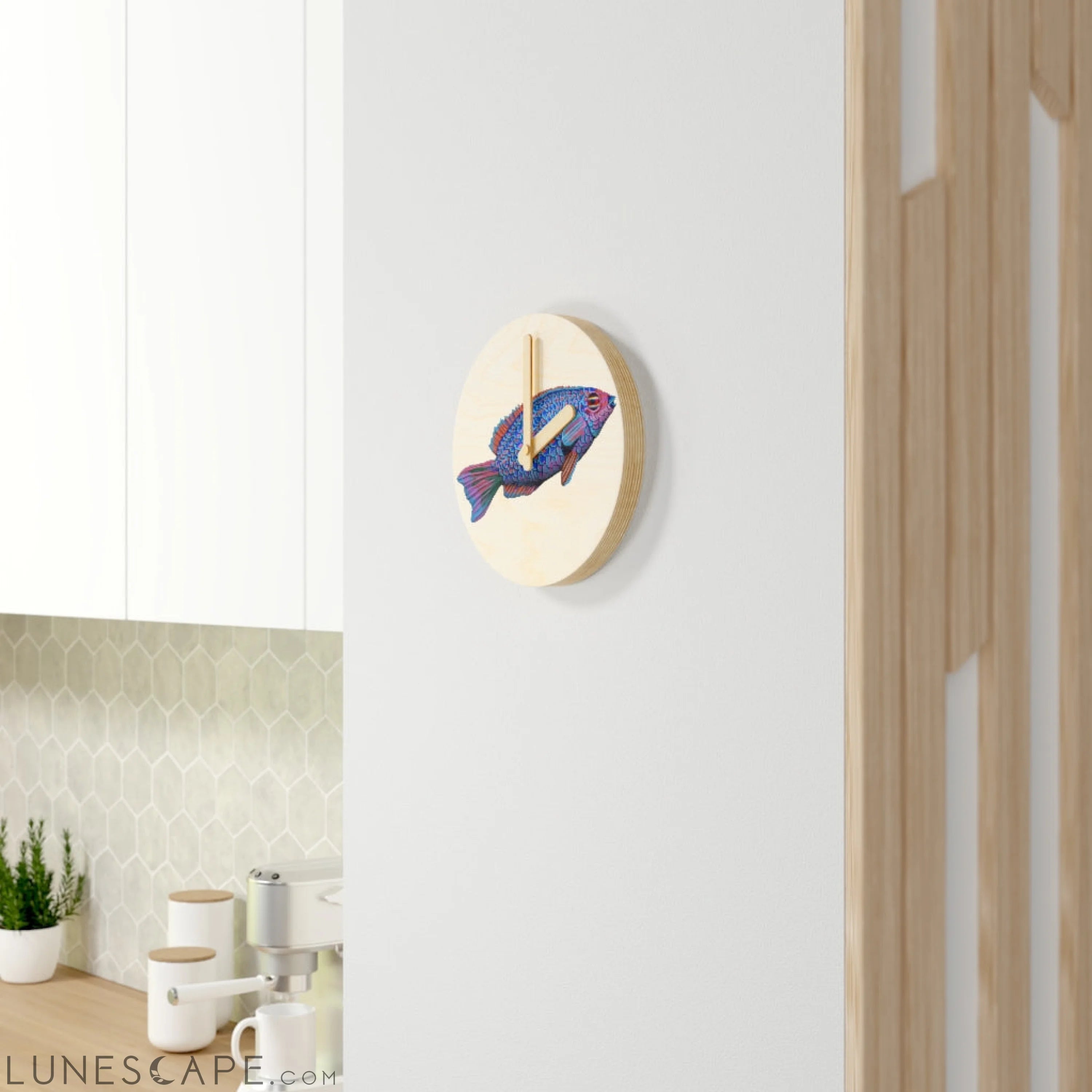 Blue Fish Wooden Wall Clock LUNESCAPE