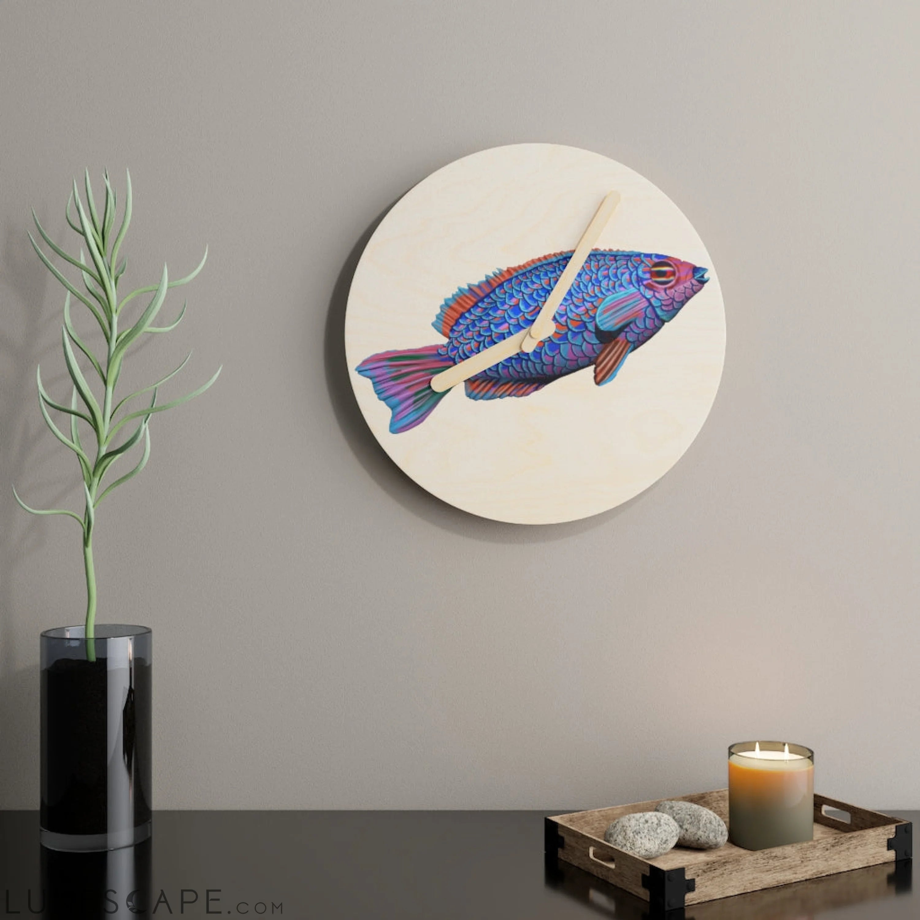 Blue Fish Wooden Wall Clock LUNESCAPE